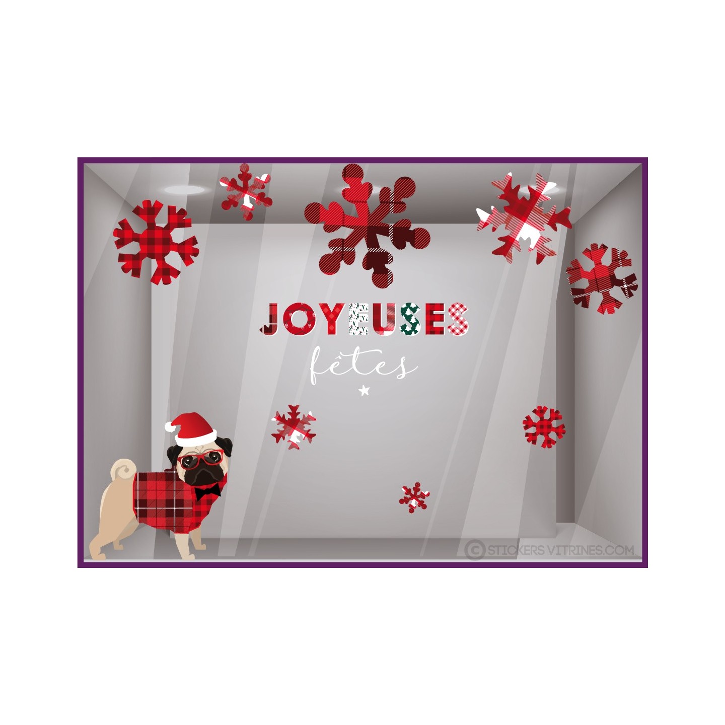 KIT DE STICKERS BOULEDOGUE NOEL IDEE DECORATION TENDANCE FLOCONS VITRINE MAGASIN CALICOT JOYEUSES FETES MODE