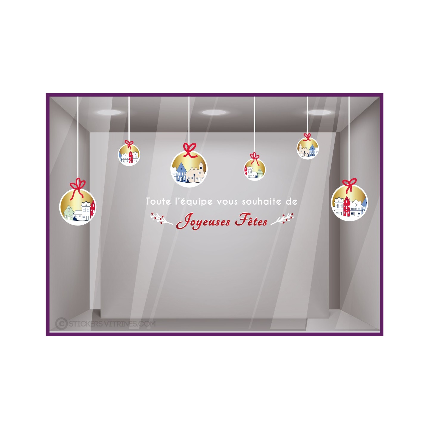 KIT DE STICKERS BOULES DE NOEL MAISONS DEVANTURE AGENCE IMMOBILIER DECORATION VITROPHANIE CALICOT commerce