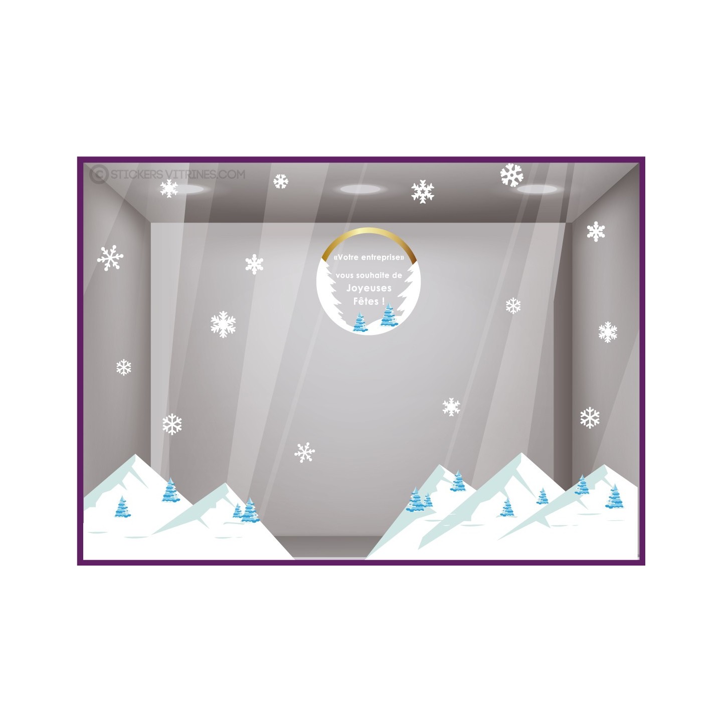 Kit de Stickers Joyeuses Fêtes Montagne à personnaliser neige flocons hiver ski noel magasin vitre idee deco