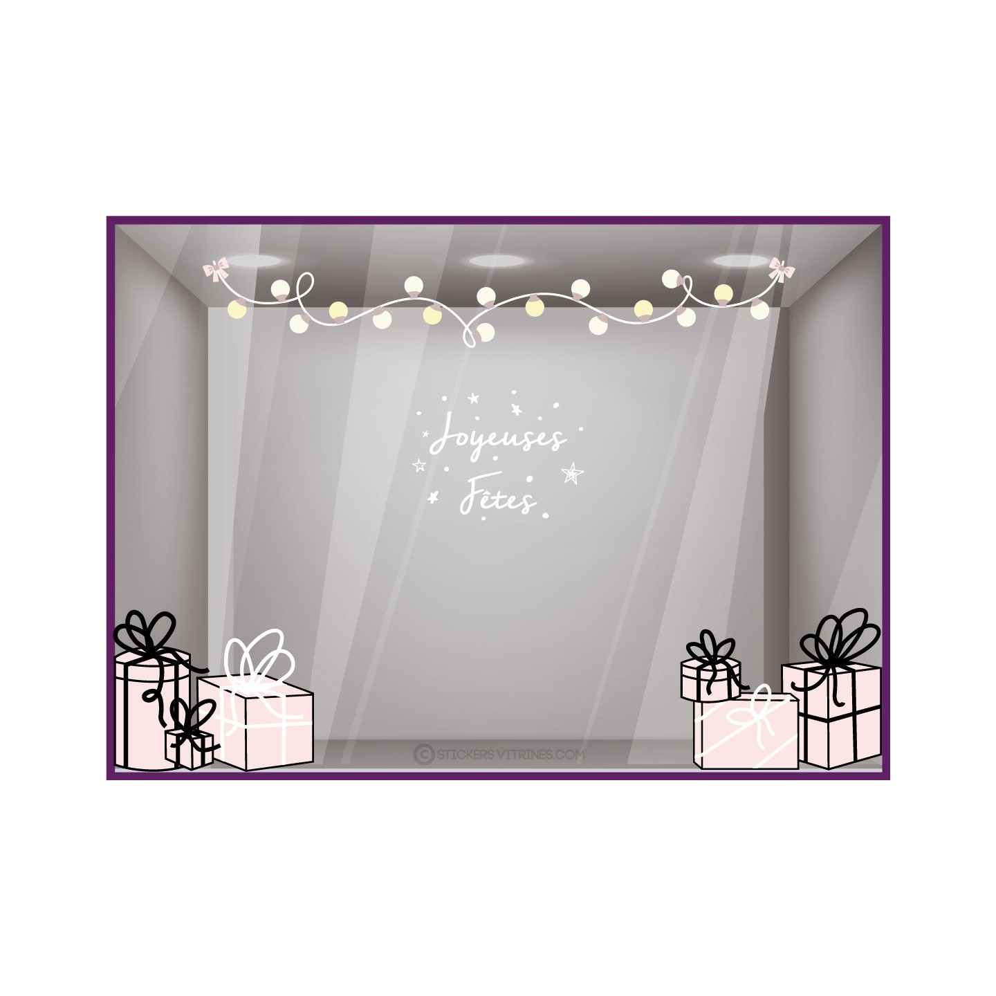 KIT DE STICKERS GUIRLANDE DE NOEL ET 6 CADEAUX CALICOTS LETTRAGE ADHESIF DECORATION VITRINE MAGASIN MODE