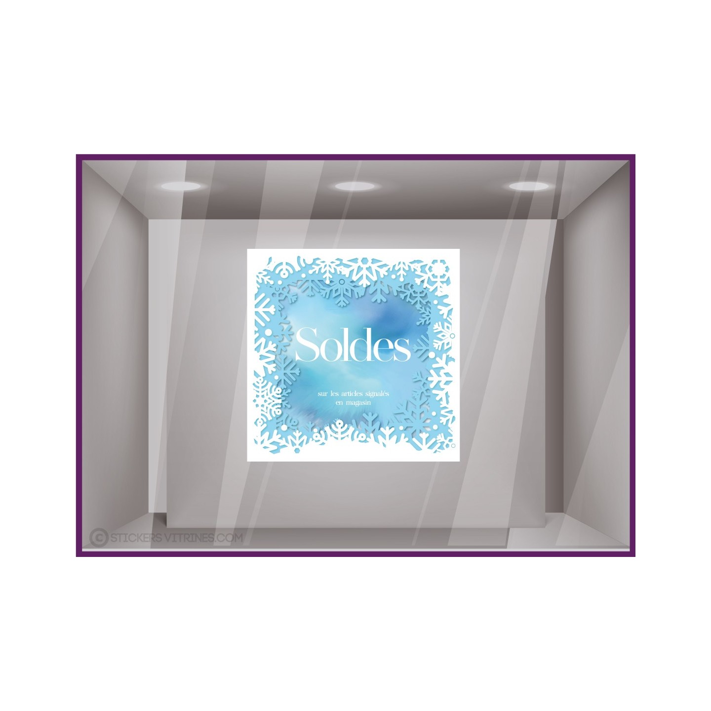 Sticker Soldes Carre Flocons COMMERCE VITROPHANIE ADHESIF IDEE DECORATION VITRINE VITRES  CALICOT PROMOTIONS