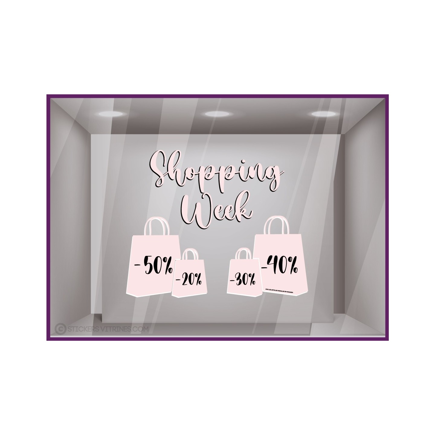 Sticker Shopping Week Sacs calicot autocollant lettrage vitrophanie devanture magasin mode maroquinerie ventes privees promotion