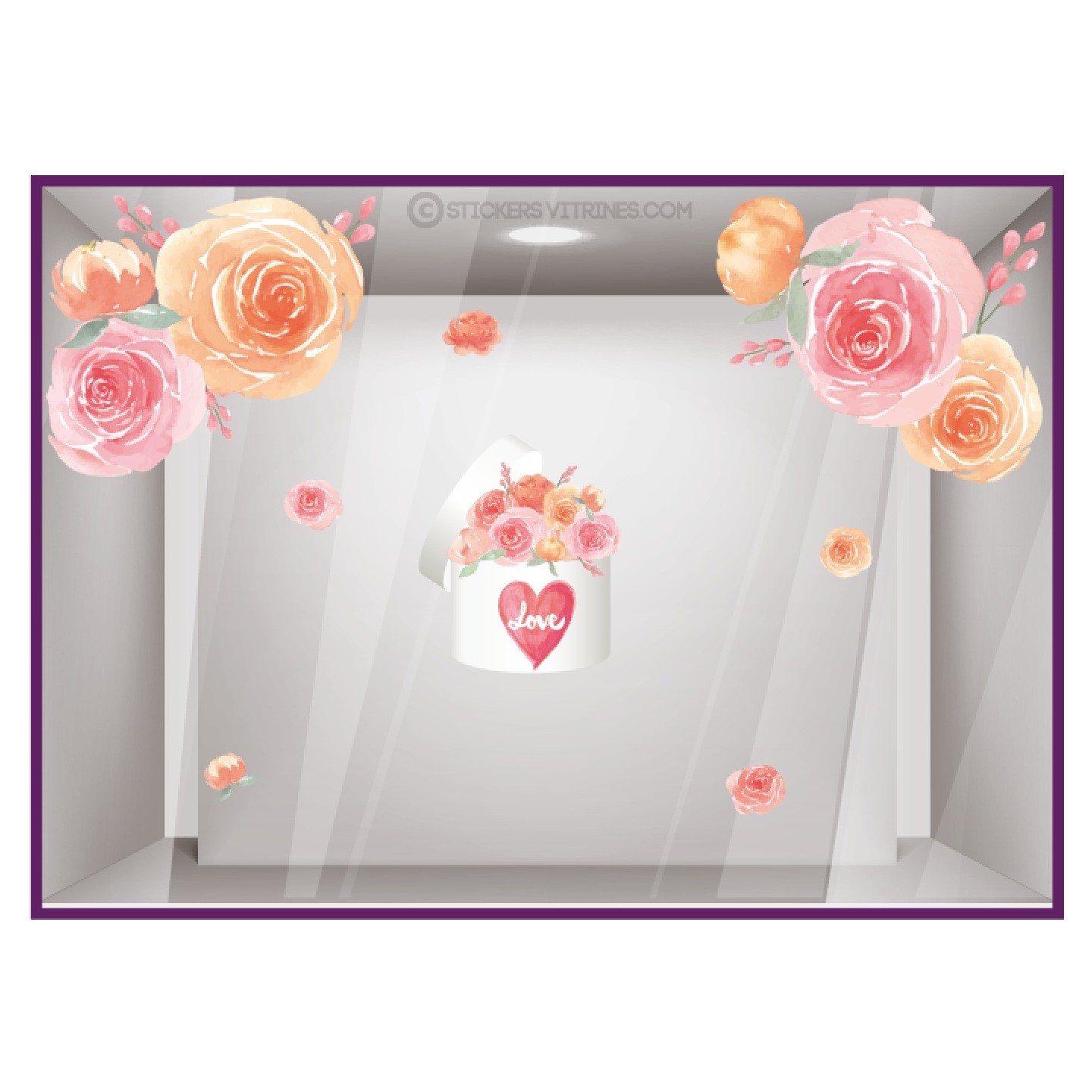 Kit de stickers boîte de roses et fleurs géantes Saint-Valentin fleuriste mode lettrage adhésif vitrophanie printemps vitrine