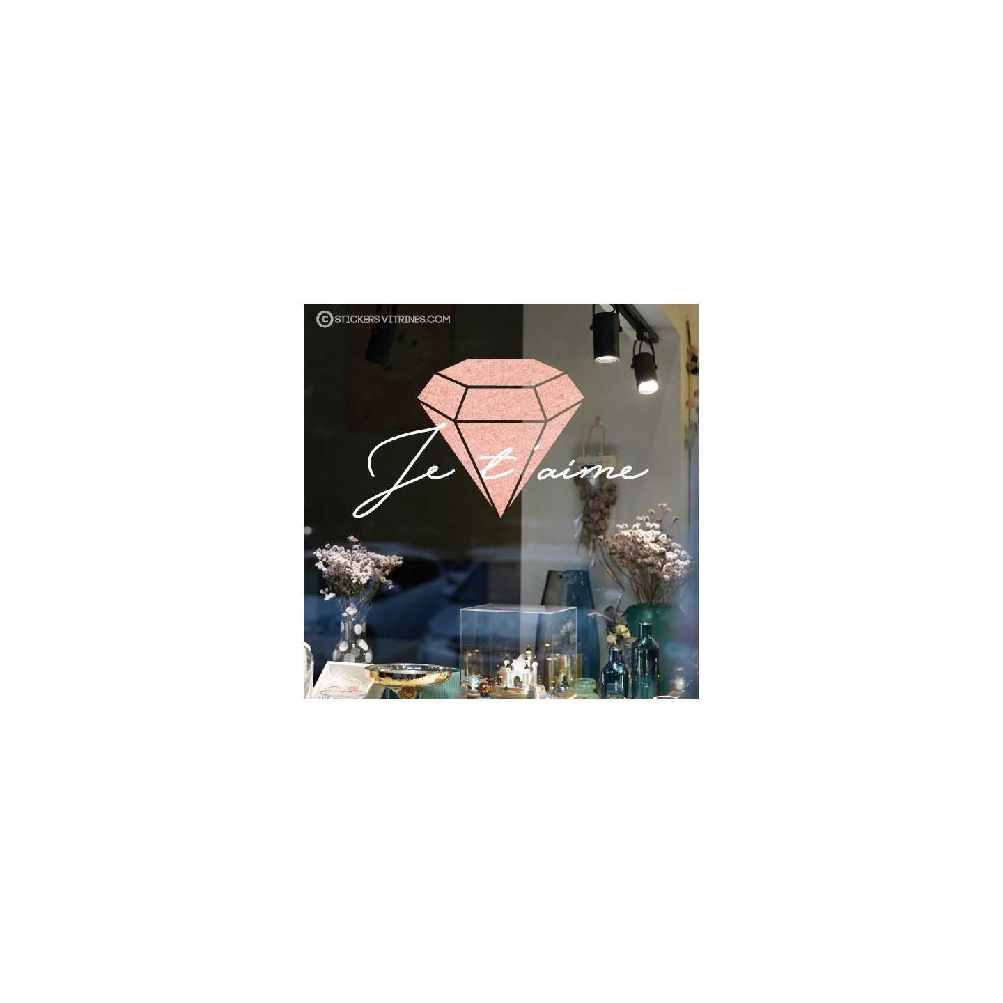 Sticker Je T'aime Diamant Saint-Valentin vitrophanie autocollant vitrine commerce bijouterie boutique