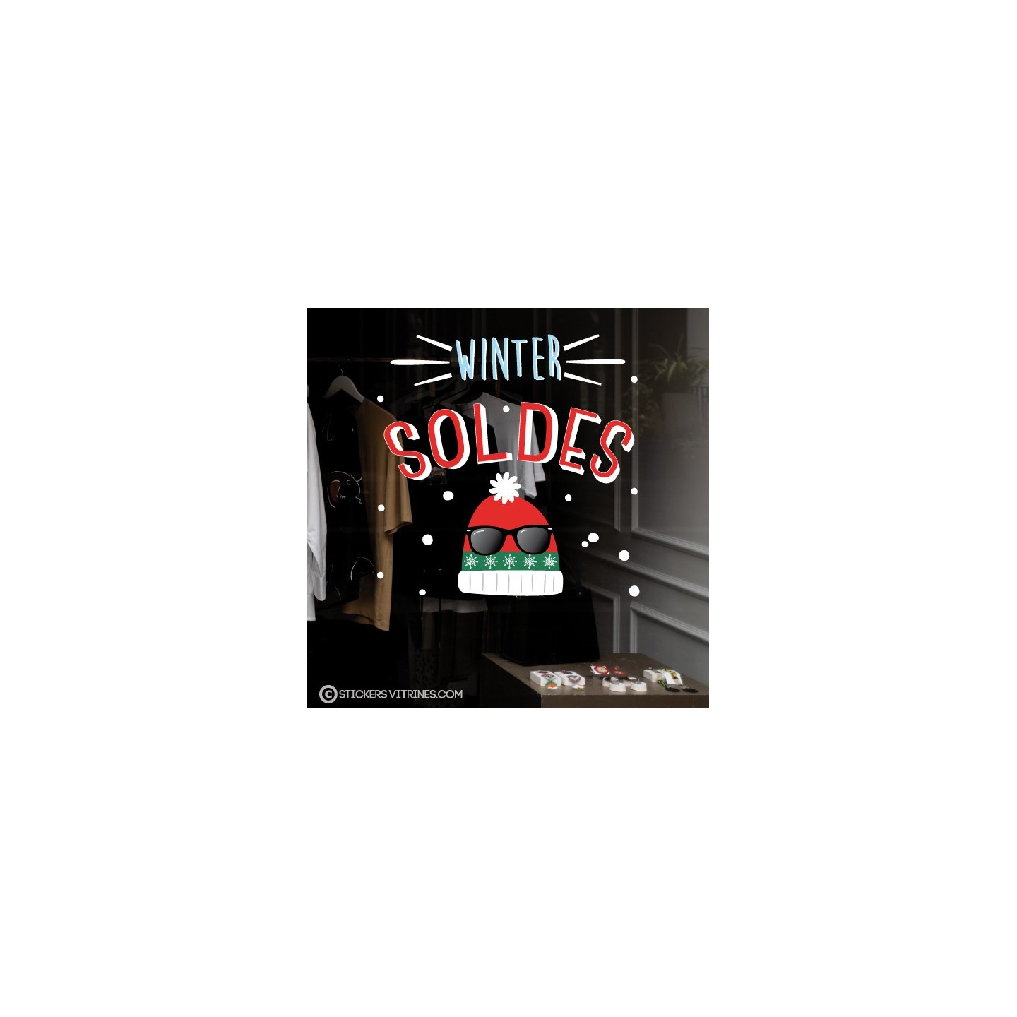 Sticker Winter Soldes Bonnets hivers remises reduction offre magasin commerce vitre adhesif calicot vitrophanie idee deco