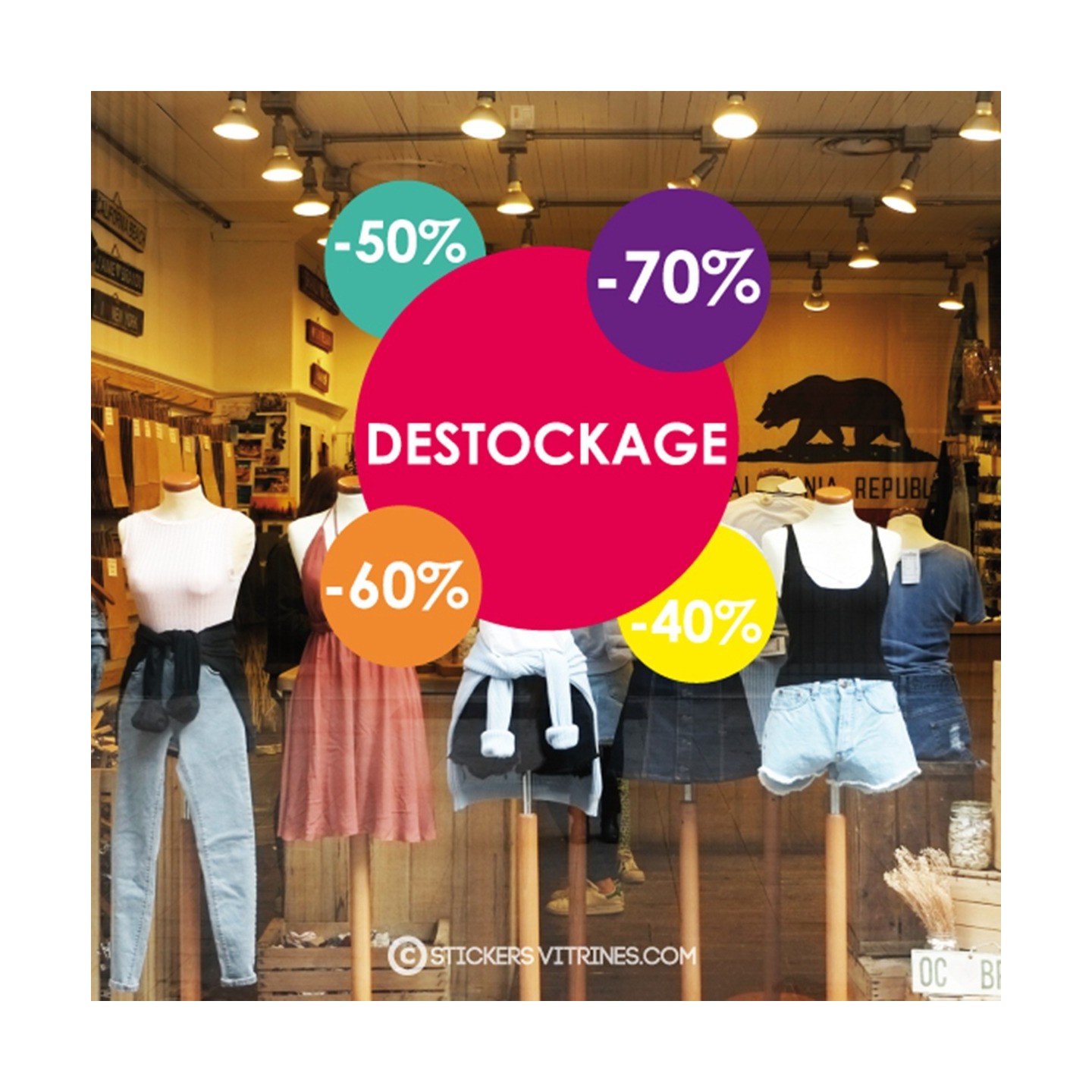 Sticker Ronds Destockage Pourcentages promotions reductions autocollant vitrine mode deco magasin