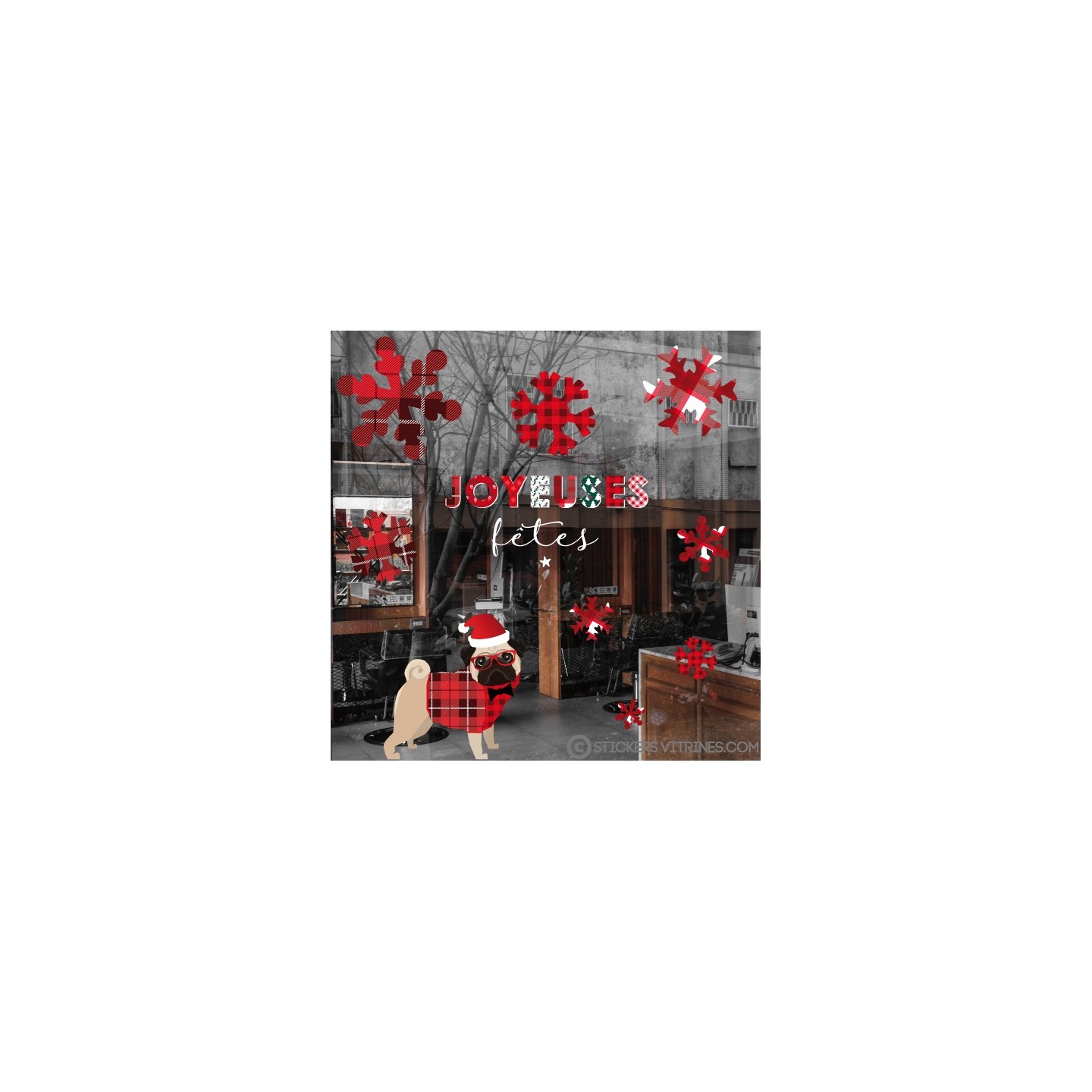 KIT DE STICKERS BOULEDOGUE NOEL FETES DECO MODE MAROQUINERIE HIVER BOUTIQUE VITRINE ADHESIF VITROPHANIE 