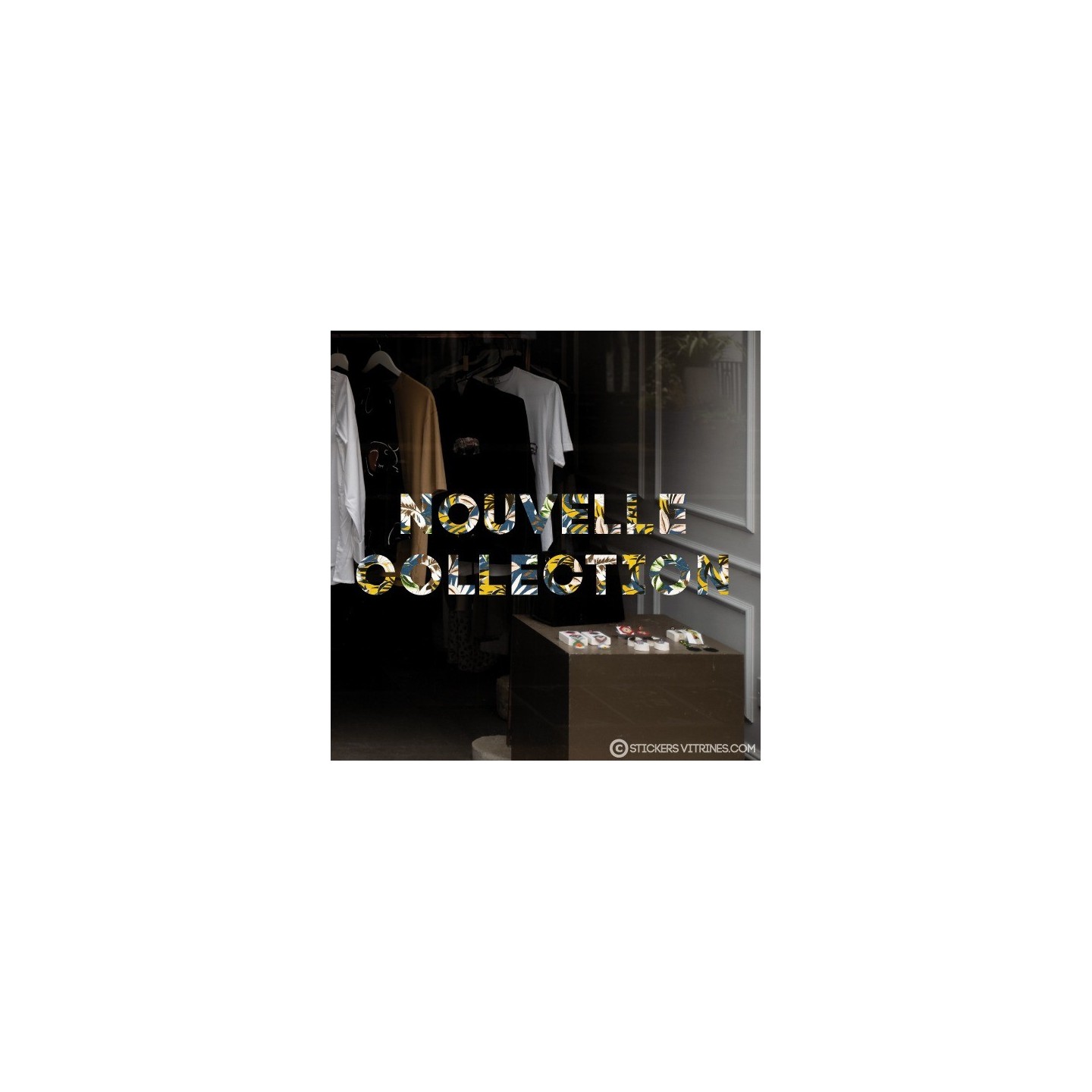 Sticker Motif Floral Nouvelle Collection Bleu et Jaune calicot autocollant vitrophanie lettrage adhésif devanture