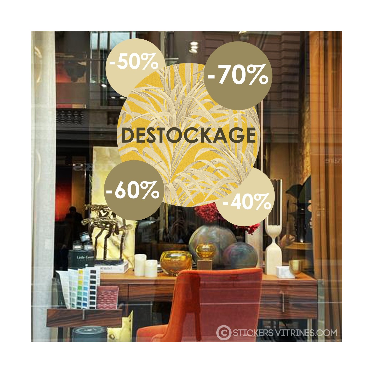 Sticker Pastille Destockage Pourcentages promotions soldes calicot adhésif autocollant devanture 