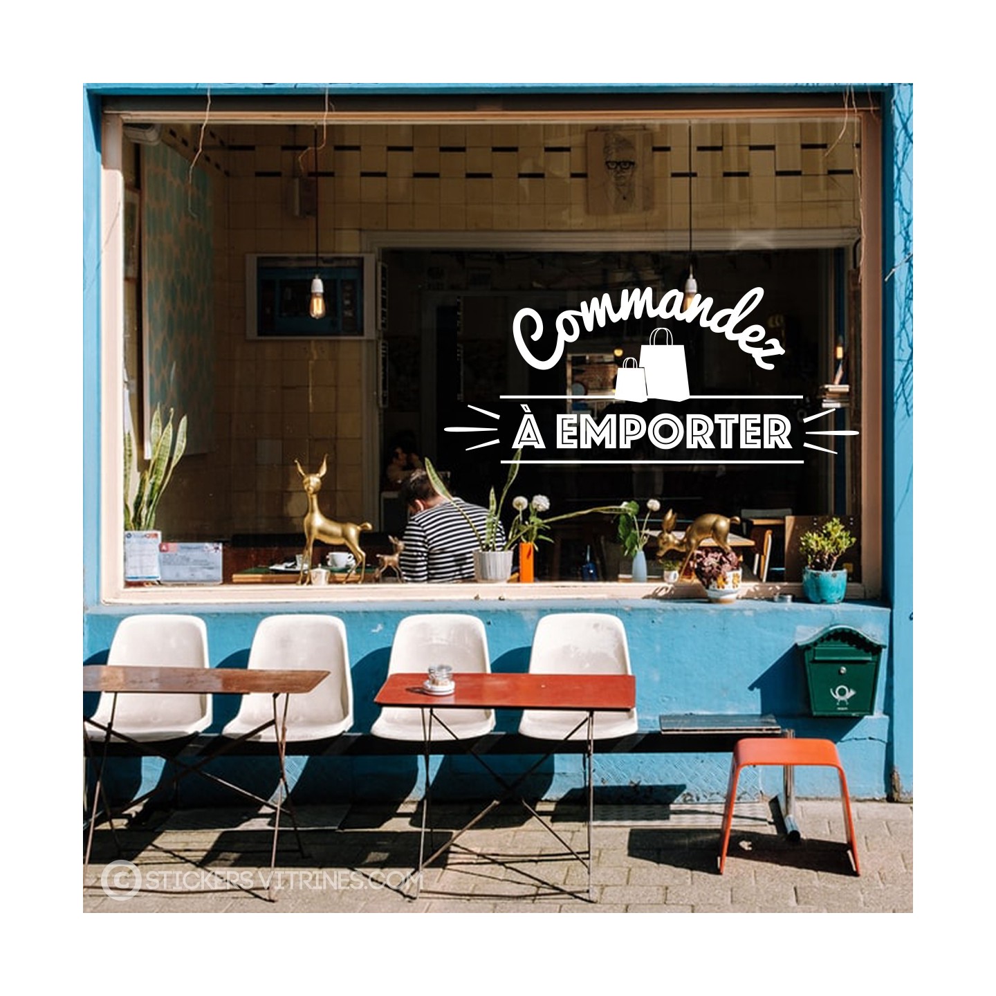 Sticker Commandez a Emporter restaurant signaletique vitrine commerce lettrage autocollant vitrophanie pizzeria