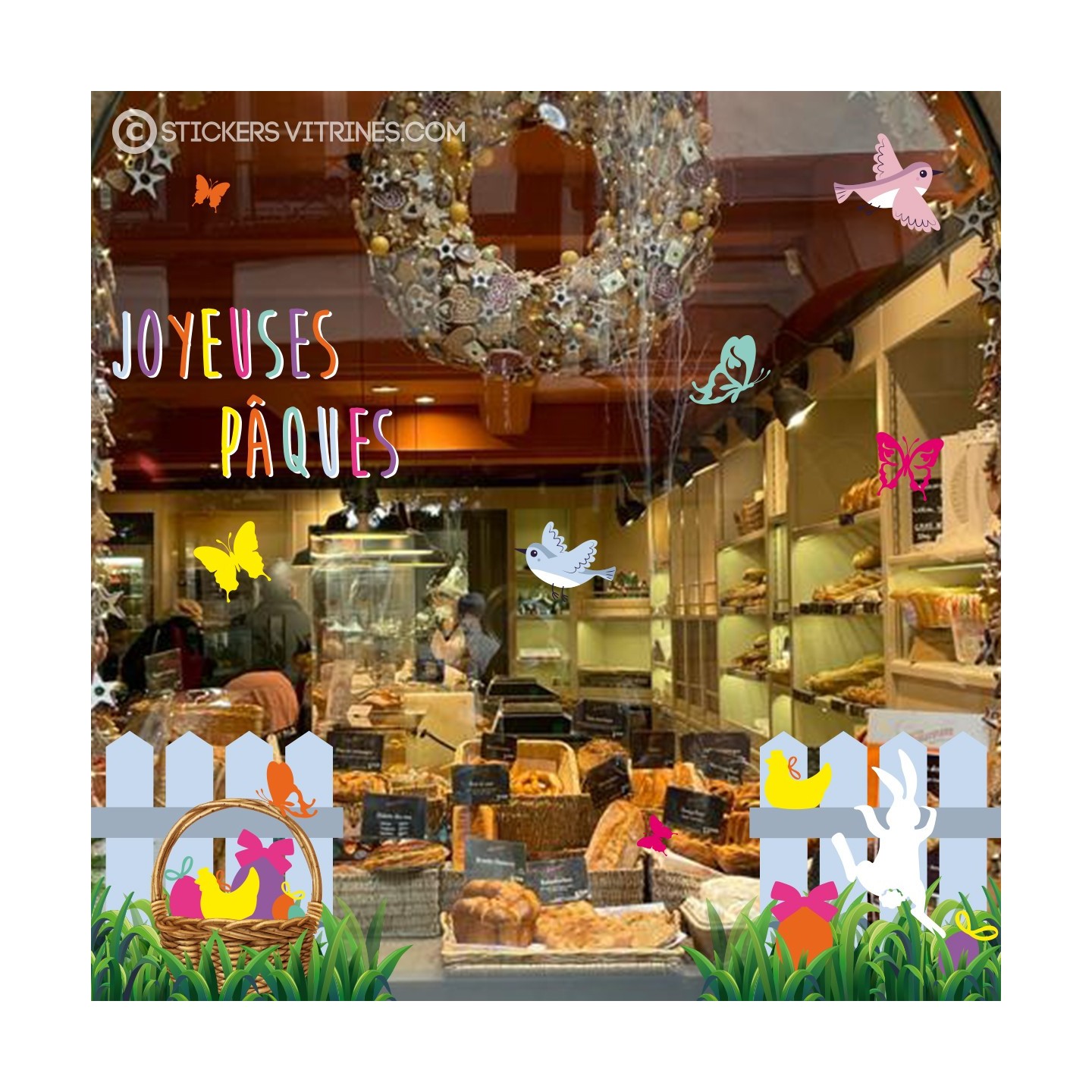 Sticker vitrine calicot vitrophanie adhésif décoration Pâques oeufs barrières chocolats lapin boulangerie patisserie epicerie