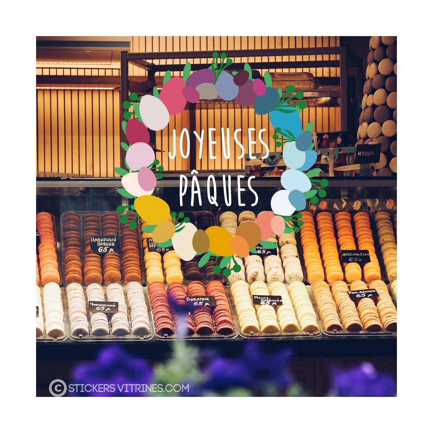 Sticker Couronne Joyeuses Paques oeufs vitrophanie boulangerie patisserie epicerie chocolaterie décoration magasin