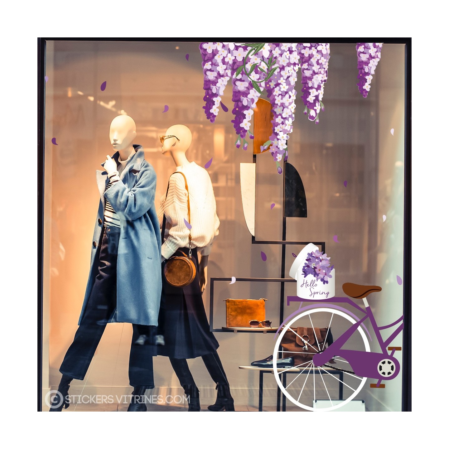 Kit de stickers velo glycines Printemps magasin lettrage fleurs hello spring autocollant vitrines mode deco calicot