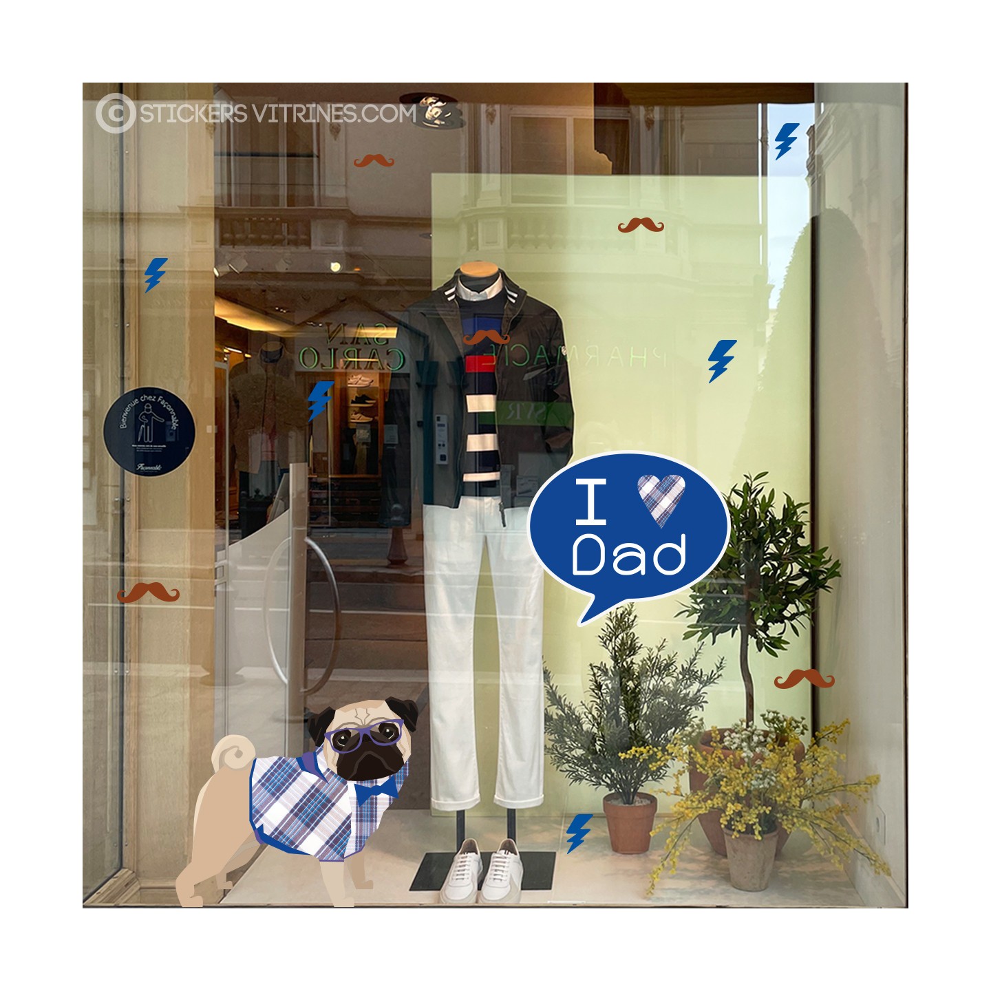 STICKER-FETE DES PERES-BOULEDOGUE-CALICOT-BOUTIQUE-MODE-DEVANTURE