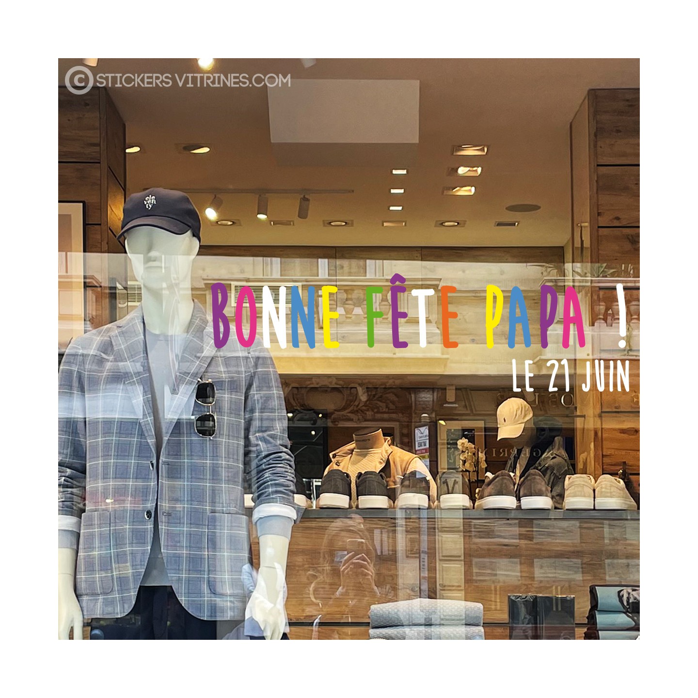 AUTOCOLLANT-FETE DES PERES-MODE-VITRINE-MAROQUINERIE-DATE-IDEE DECORATION-VITROPHANIE