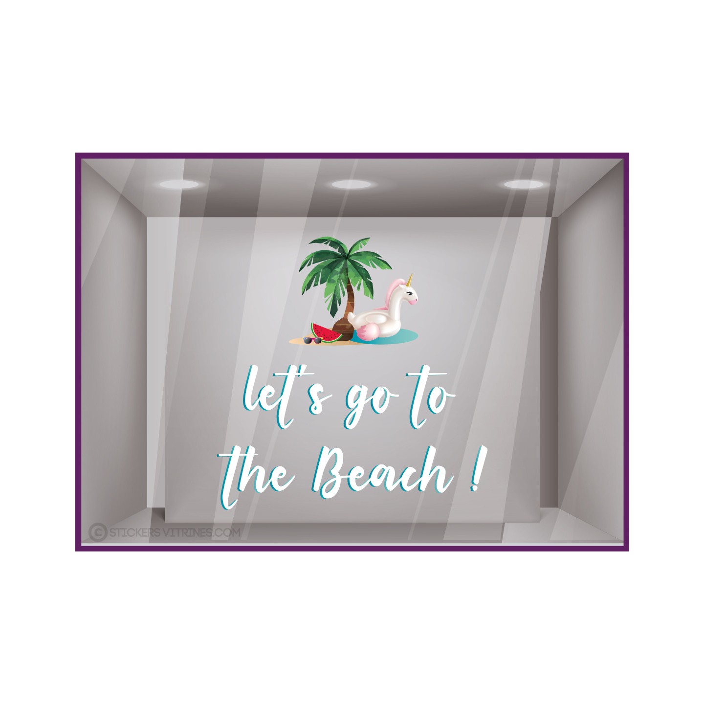 Vitrophanie-Plage-Sticker-Vitrine-Devanture-Commerce-Licorne-LET S GO TO THE BEACH-Lettrage-Palmier