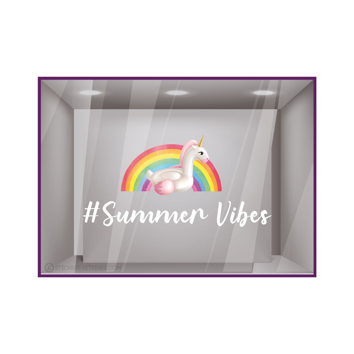 Licorne-Hashtag-Vitrophanie-Lettrage adhesif-Vitrine-Boutique-Arc en ciel-Summer vibes-sticker