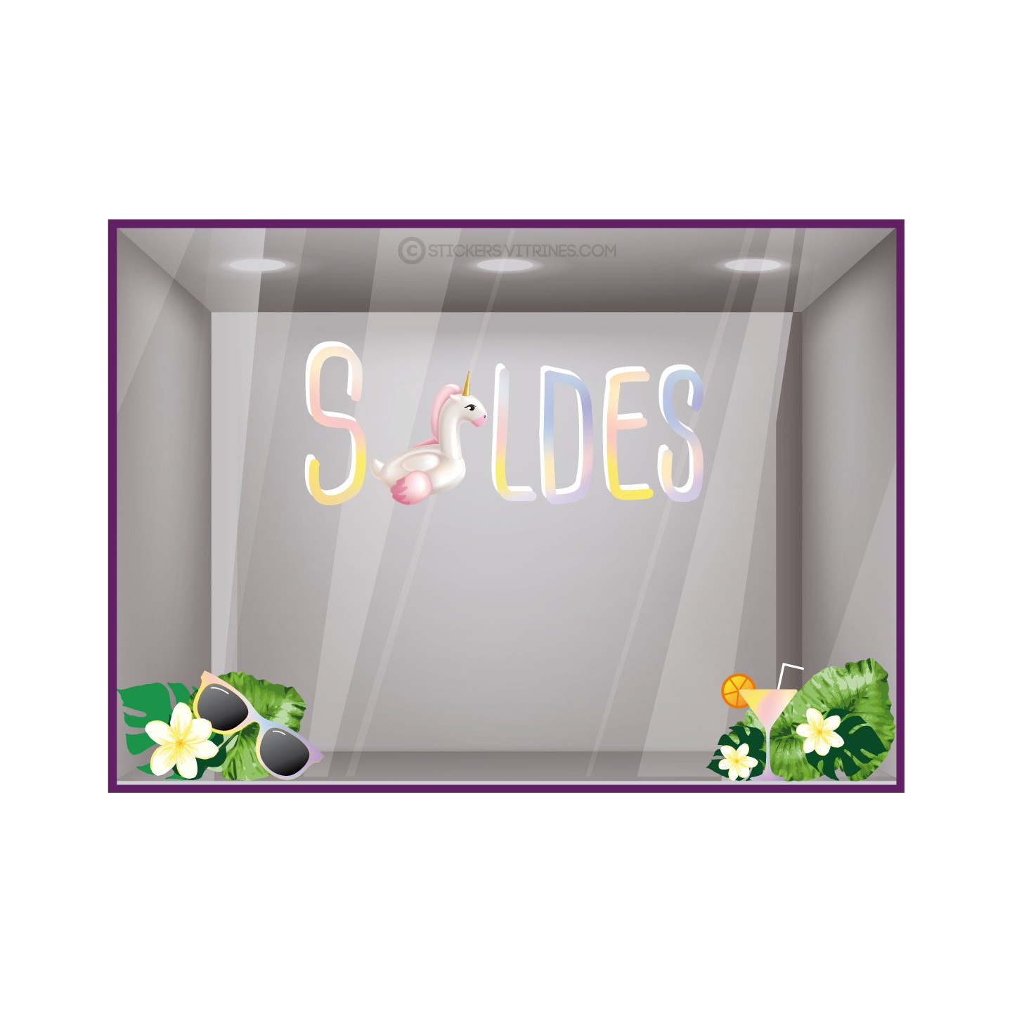 Lettrage autocollant-Soldes-Liquidation-Ete-Devanture-Boutique-Mode-Promotions-Vitrine-licorne-idee deco-magasin