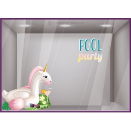 VITROPHANIE-DECORATION-ADHESIF-MAGASIN-COMMERCE-VITRE-LETTRAGE-POOL PARTY-LICORNE