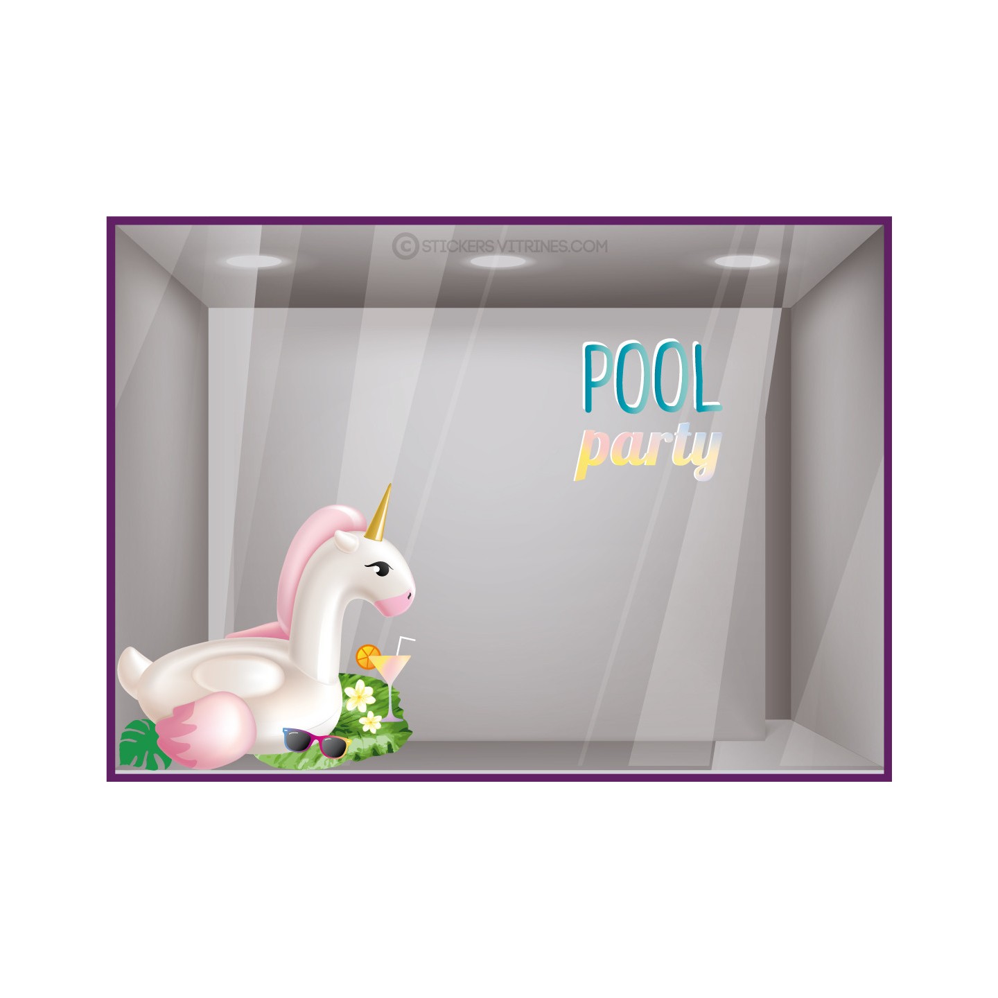 VITROPHANIE-DECORATION-ADHESIF-MAGASIN-COMMERCE-VITRE-LETTRAGE-POOL PARTY-LICORNE