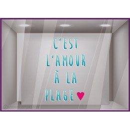 Vitrophanie-Plage-Lettrage adhesif-Vitrine-Commerce-Bar-C est l amour a la plage-Autocollant