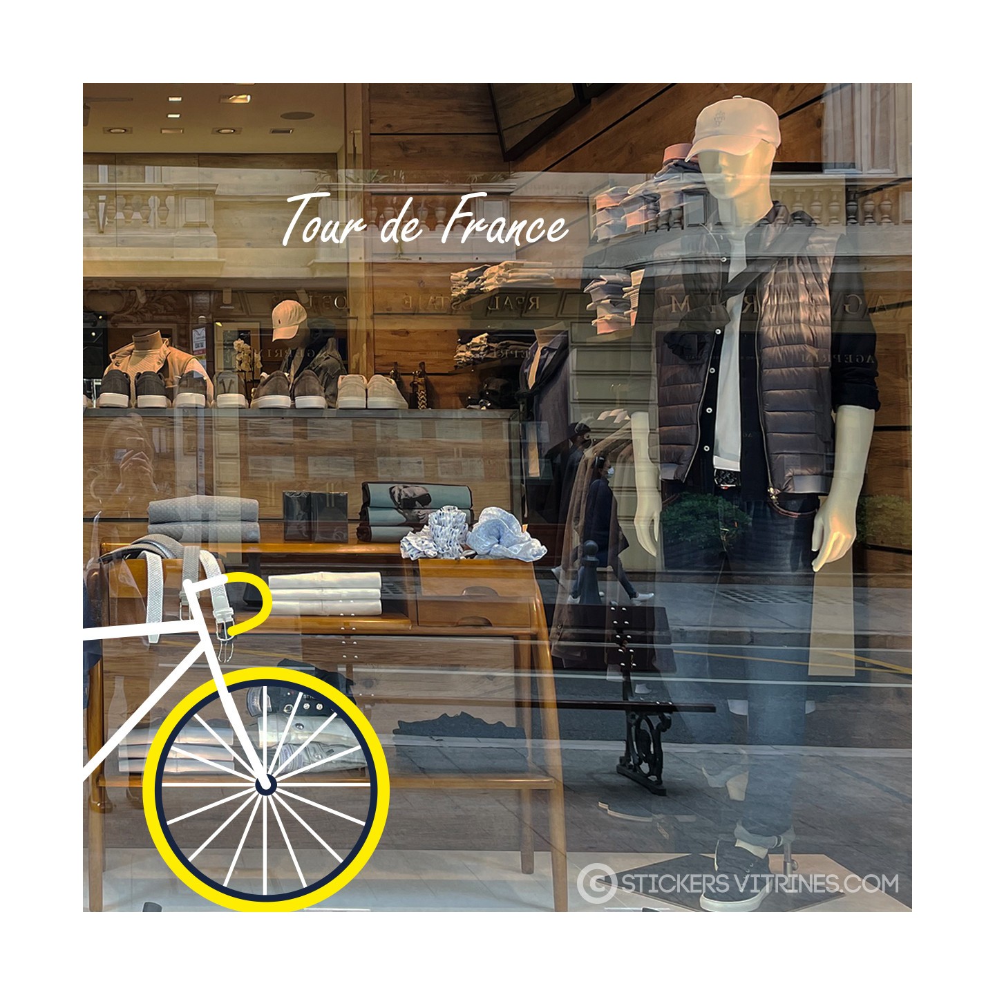 TOUR DE FRANCE-AUTOCOLLANT-DEVANTURE-MAGASIN-SPORT-VITROPHANIE-IMPRIMEUR