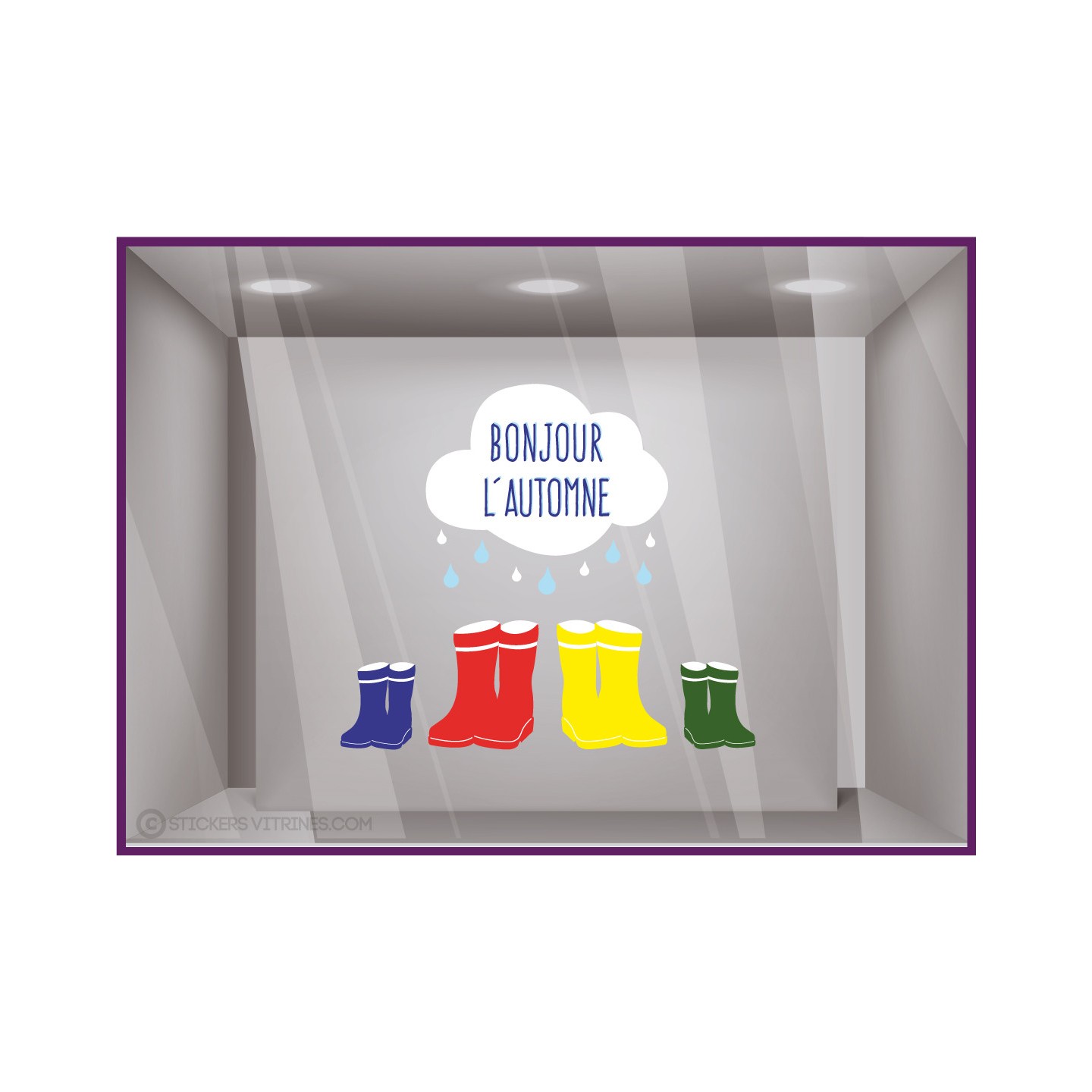 Botte Bonjour Automne Pluie Nuage Rentree des classes Vitrophanie Autocollant Geant Decoration Adhésif Boutique Magasin