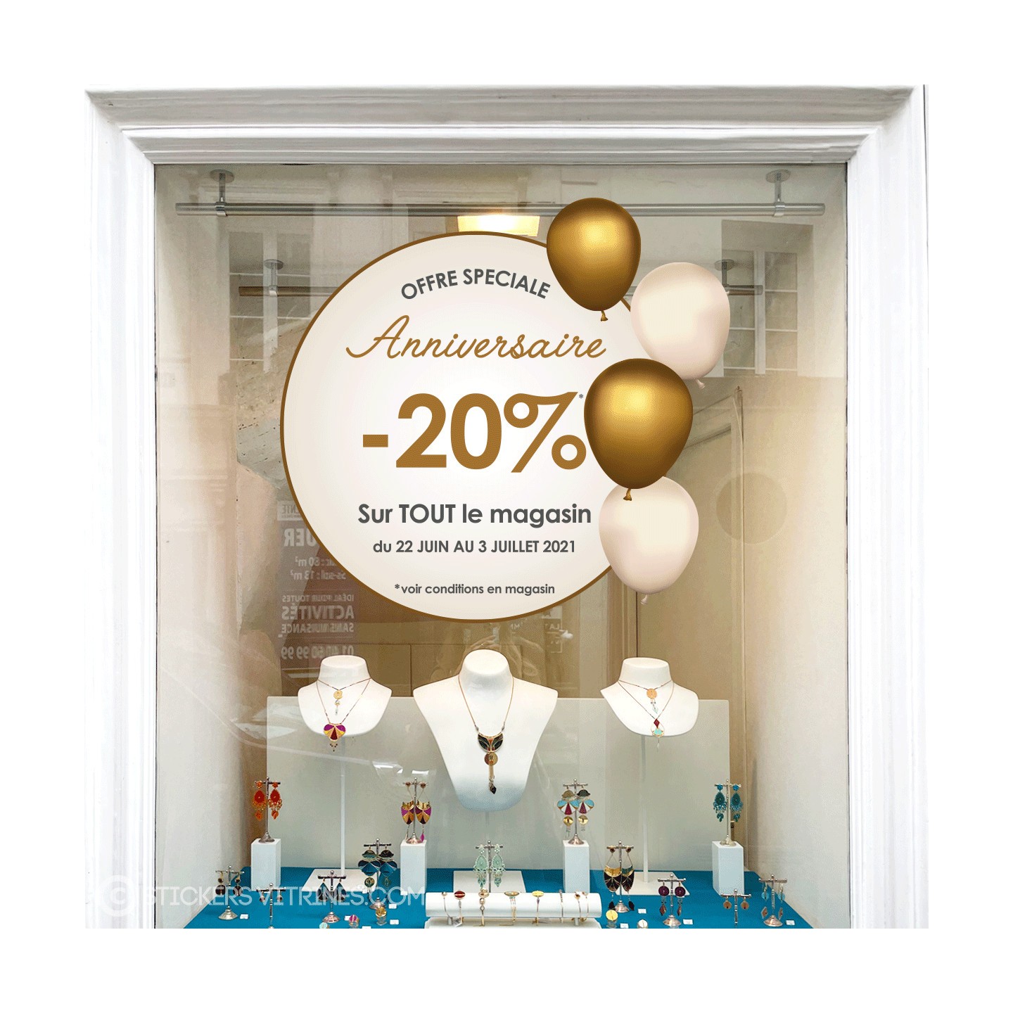 STICKER-ANNIVERSAIRE-CALICOT-VITRINE-MAGASIN-DECO-LETTRAGE-ADHESIF-MODE-COMMERCE-ballons