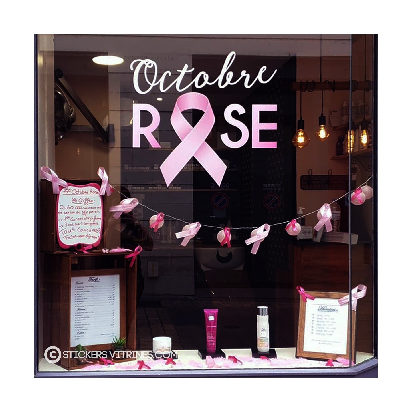 Vitrophanie Lettrage autocollant octobre rose cancer sein devanture boutique femme lingerie mode bijouterie