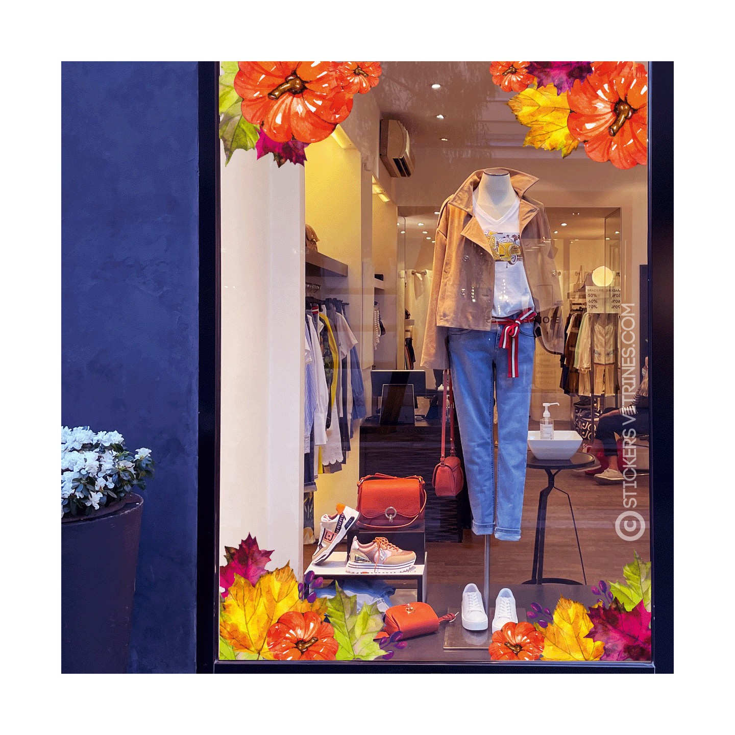 Automne Citrouille Feuille Sticker Halloween  Autocollant Vitrophanie Adhésif Decoration Boutique Magasin
