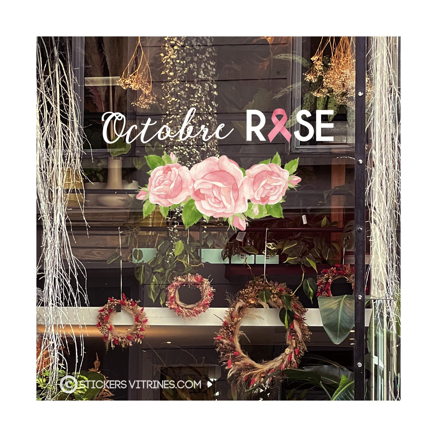 Sticker Octobre Rose Fleurs Magasin Calicot Collant Vitrine Boutique Lingerie 