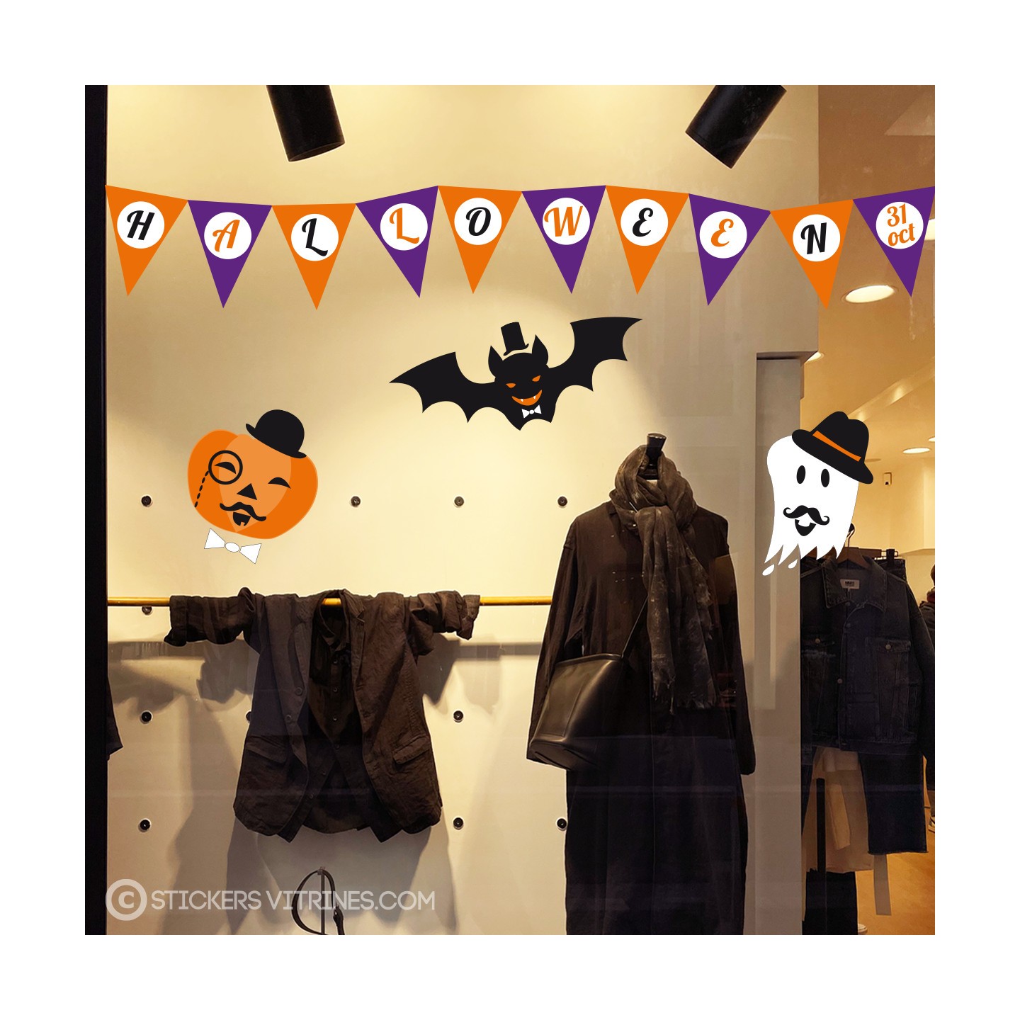 Kit de stickers Halloween-vitrine-devanture-octobre-boutique-magasin-citrouille-fantome-chauve-souris