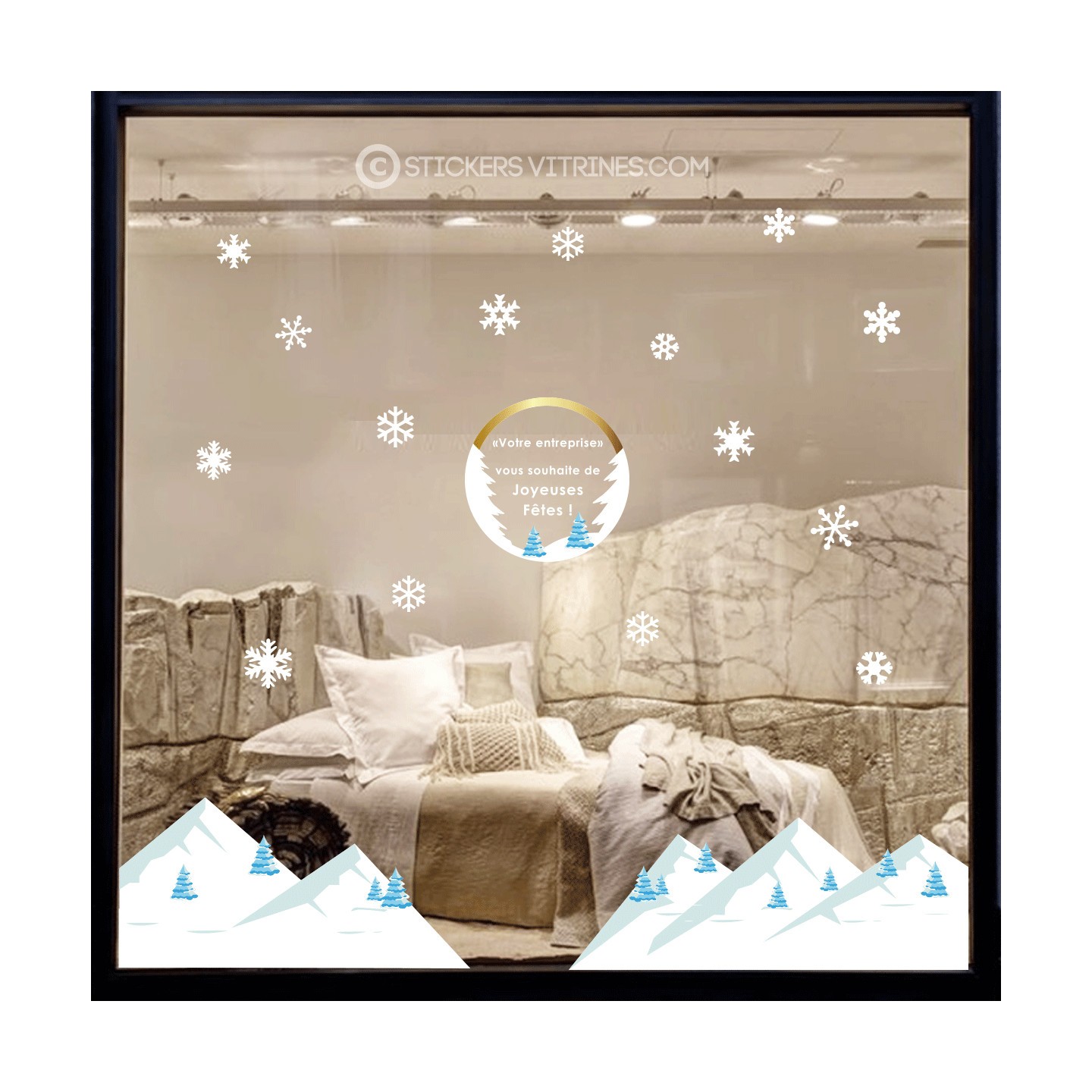 Kit de Stickers Joyeuses Fêtes Montagne à personnaliser neige flocons hiver ski noel magasin vitre idee deco