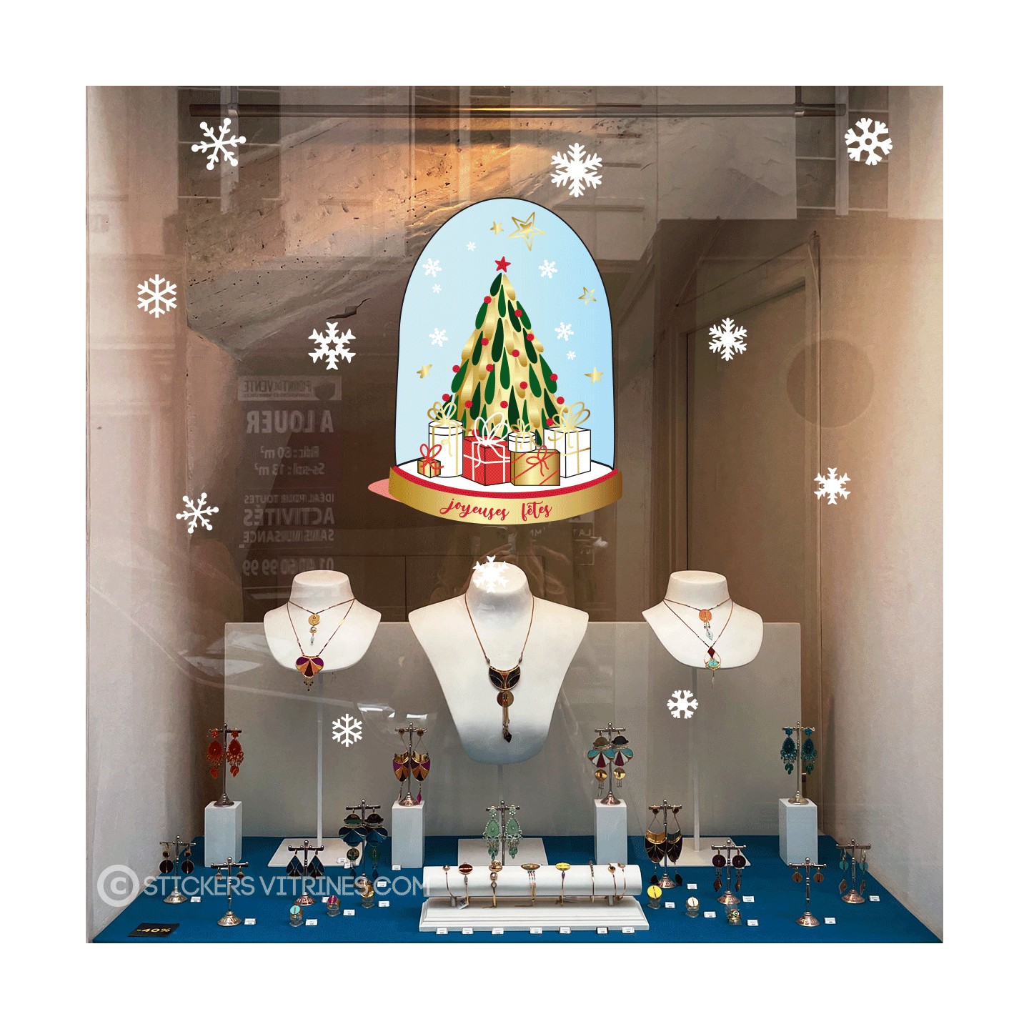 STICKER BOULE A NEIGE NOEL SAPIN CADEAU IDEE DECO MAGASIN VITROPHANIE ETOILE