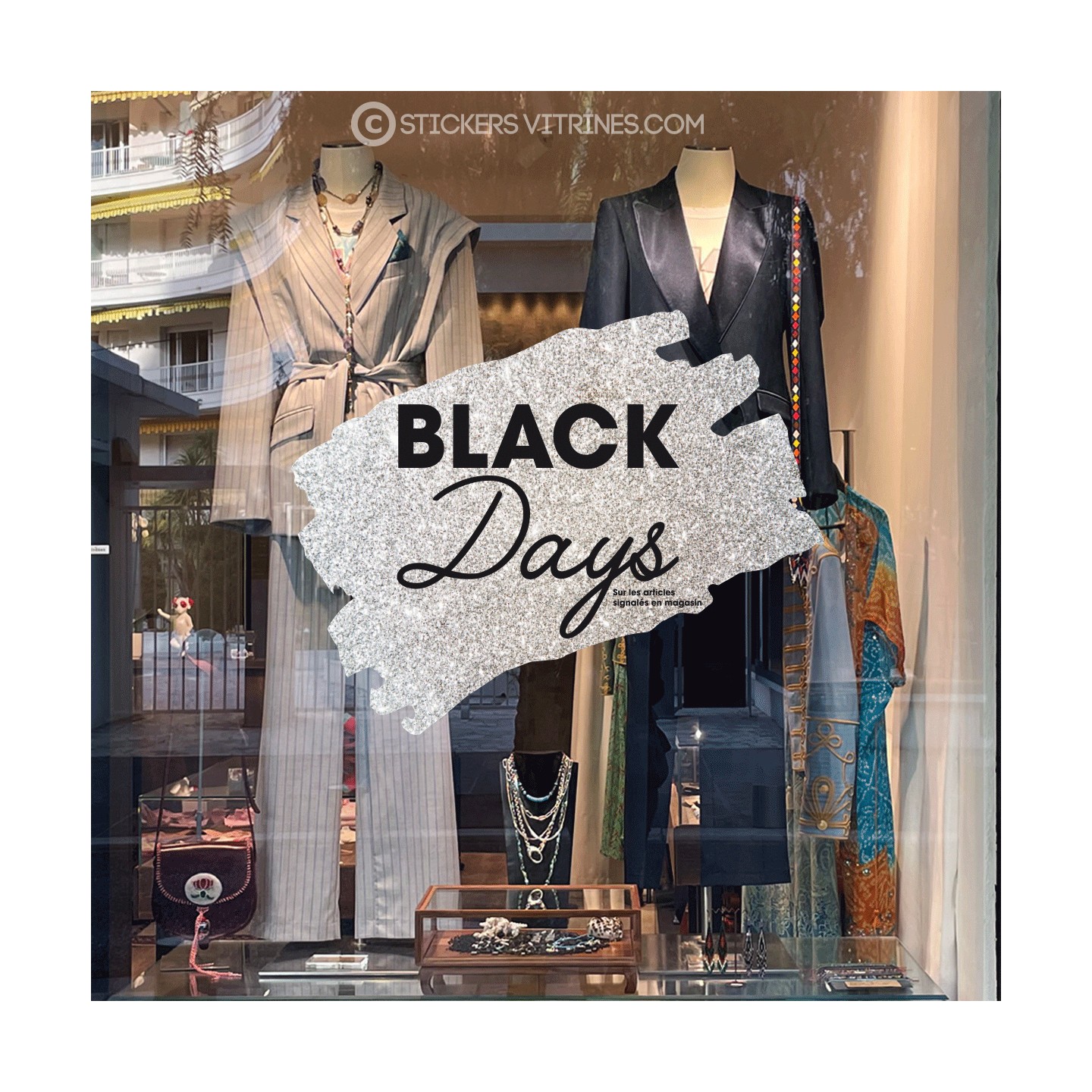 Sticker Black Days paillete argent PROMOTIONS DEVANTURE VITRINE COMMERCE MODE MAGASIN BIJOUTERIE CALICOT VITRE FRIDAY DESTOCKAGE