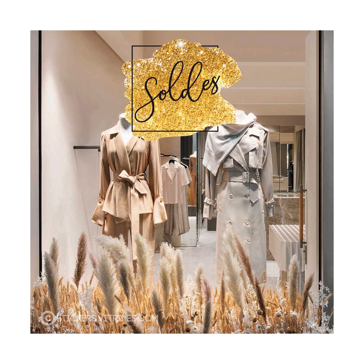 Sticker Carré Soldes Pailleté Or vitrophanie promotions signaletique vitrine magasin mode promotions enseigne mode