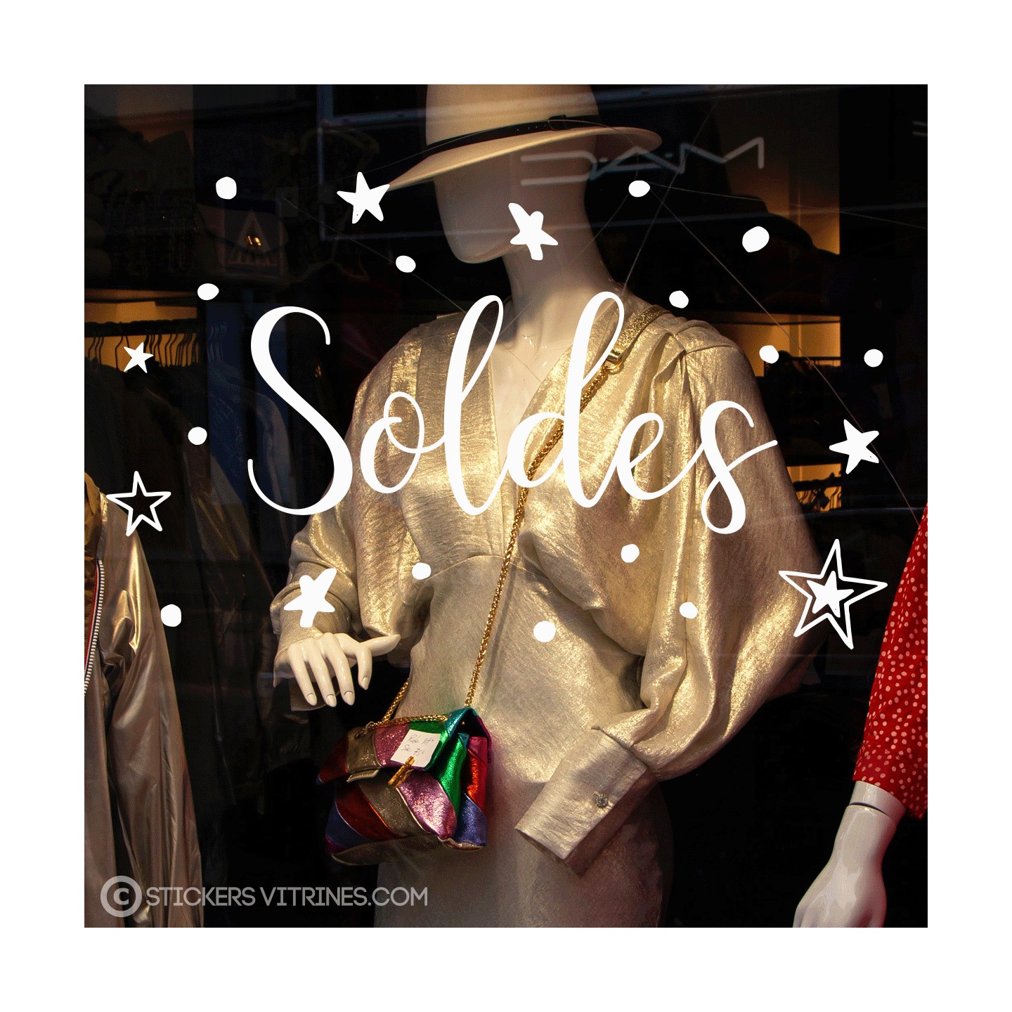 Sticker Soldes Etoiles  promotion devanture destockage calicot magasin vitrophanie mode bijouterie maroquinerie vitrine  adhesif