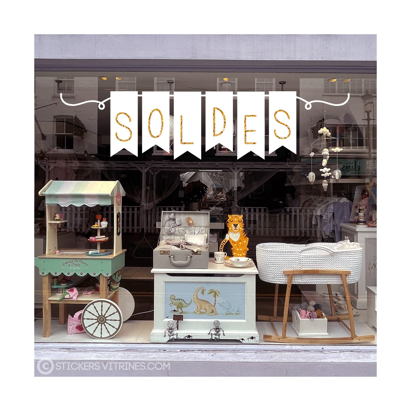 Sticker Soldes promotion devanture destockage calicot magasin vitrophanie mode guirlande drapeau vitrine vitre adhesif
