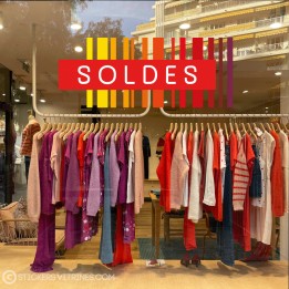 Sticker Soldes Commerce Code Barre Destockage Vitrine Vitrophanie Braderie Adhesif liquidation
