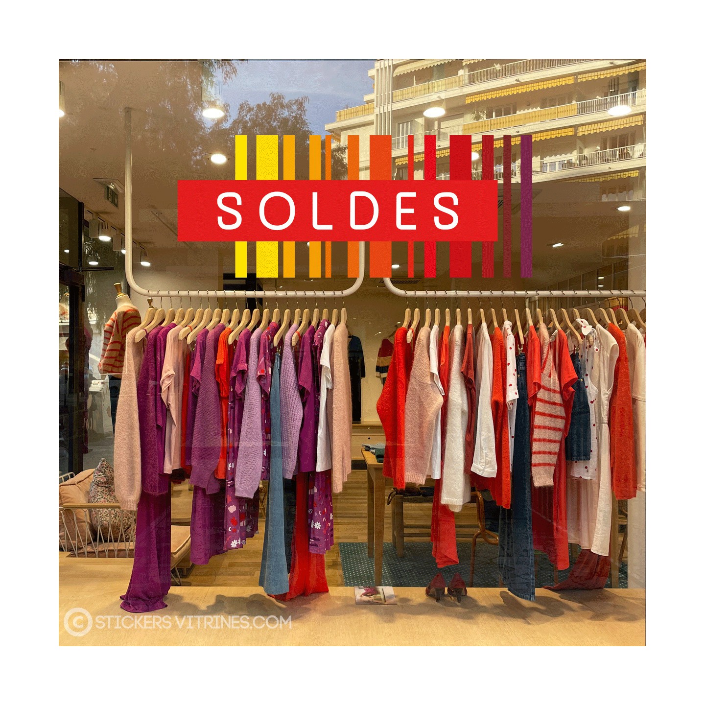 Sticker Soldes Commerce Code Barre Destockage Vitrine Vitrophanie Braderie Adhesif liquidation