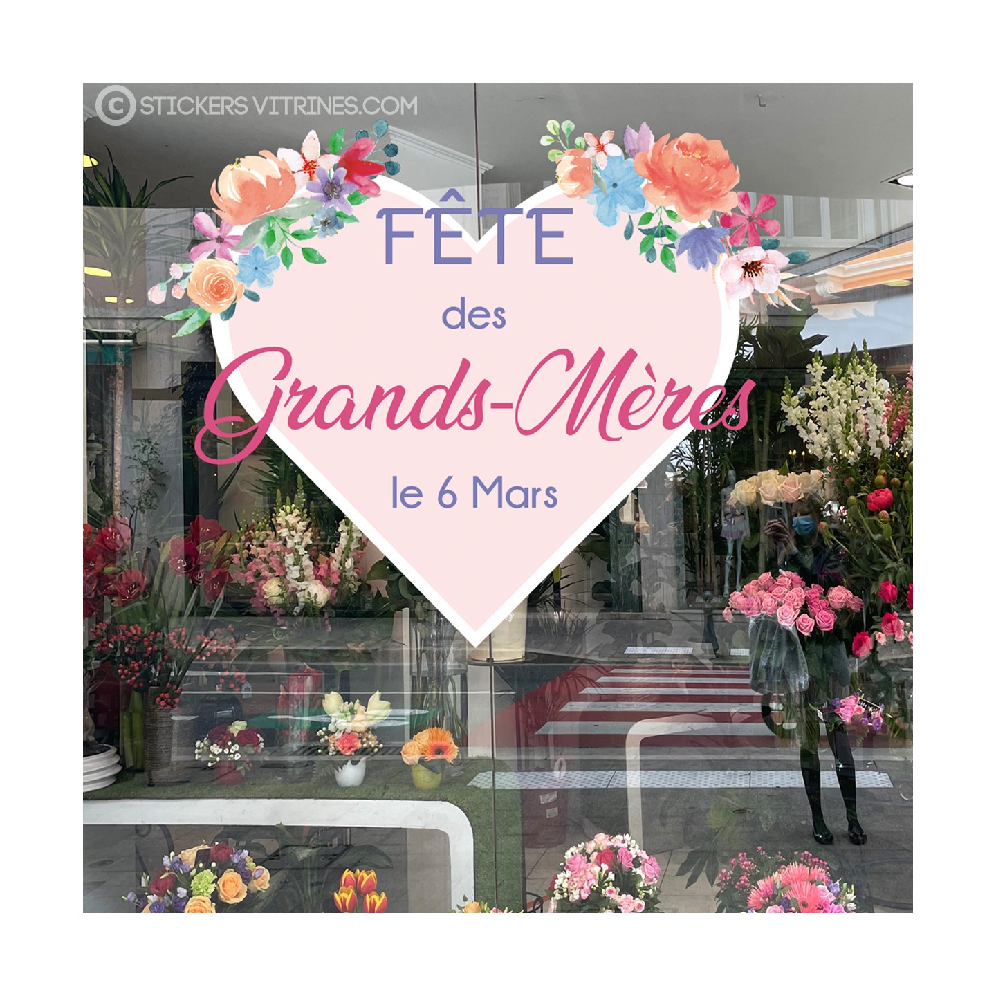 Sticker Coeur Fleurs Fête des Grands-mères Fleuriste Bijouterie Magasin Vitrine Decoration