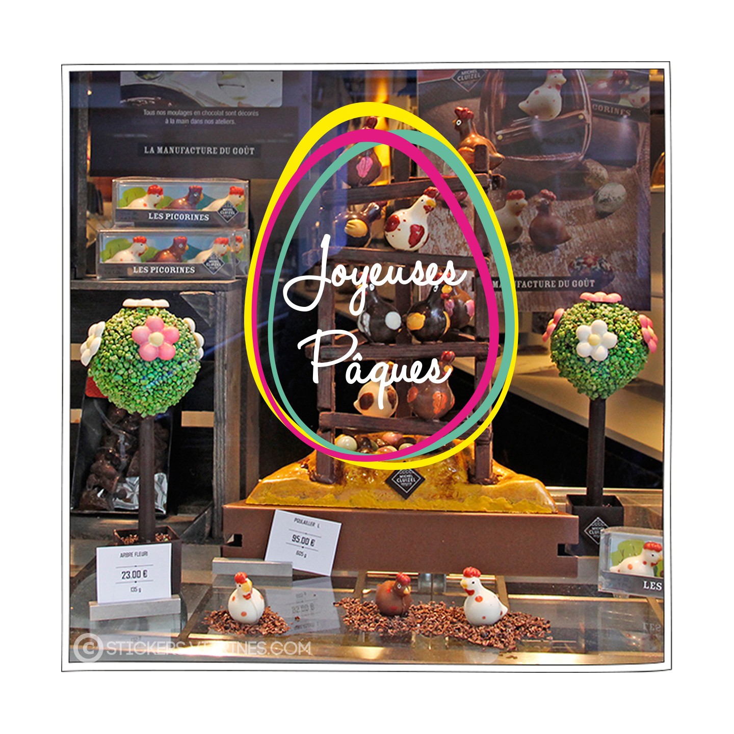 Sticker 3 Oeufs de Pâques modernes devanture magasin boulangeries pâtisseries vitrine calicot chocolat vitrophanie paques fete 