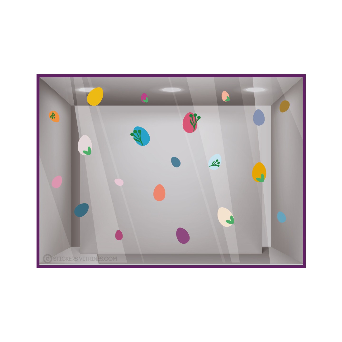 Stickers 20 Oeufs de Pâques Multicolores commerce chocolatier devanture vitrophanie marquage adhesif  decoration
