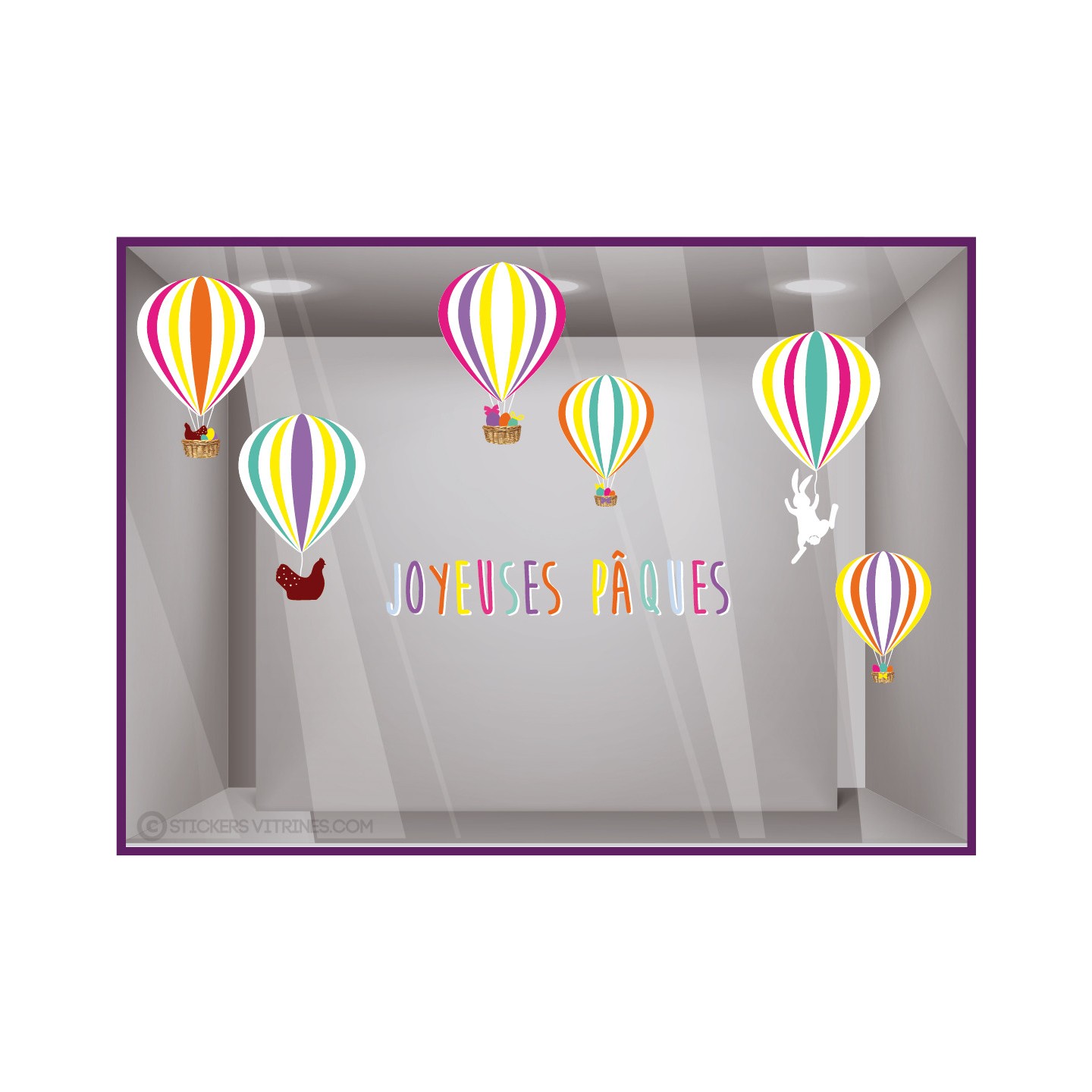 Kit de Stickers Montgolfieres Paques lettrage adhesif autocollant calicot vitrophanie devanture vitrine chocolaterie patisserie