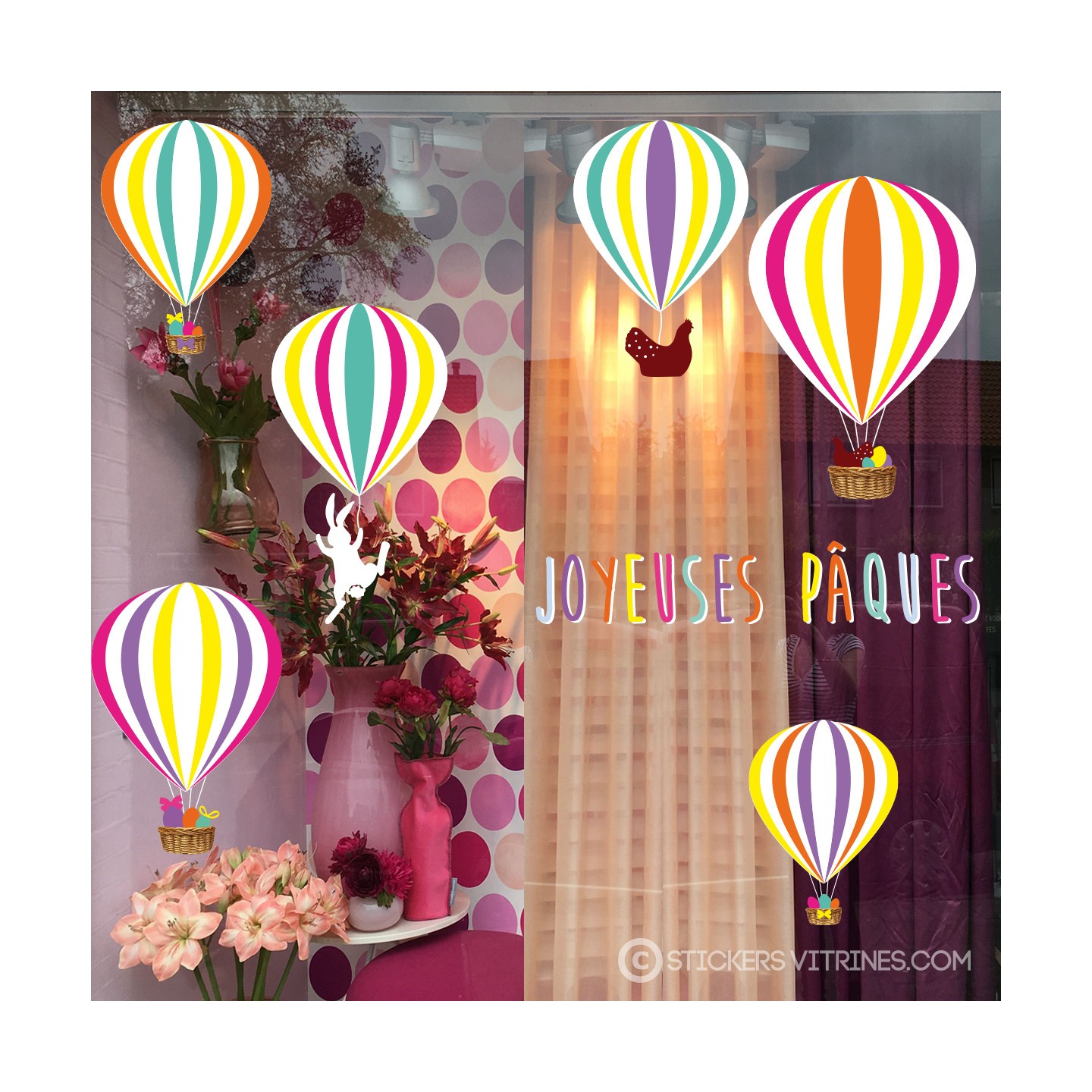 Kit de Stickers Montgolfieres Paques lettrage adhesif autocollant calicot vitrophanie devanture vitrine chocolaterie patisserie