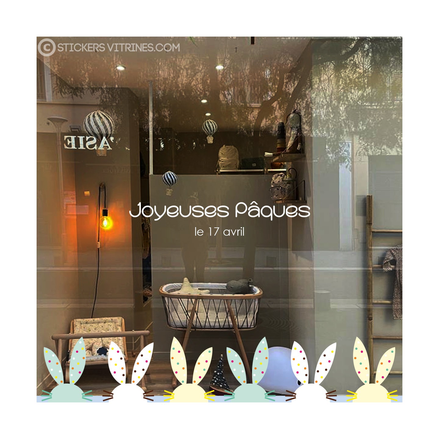 Kit de Stickers Lapins de Paques a Pois lettre autocollante vitrophanie magasin commerce fleuriste boulangerie