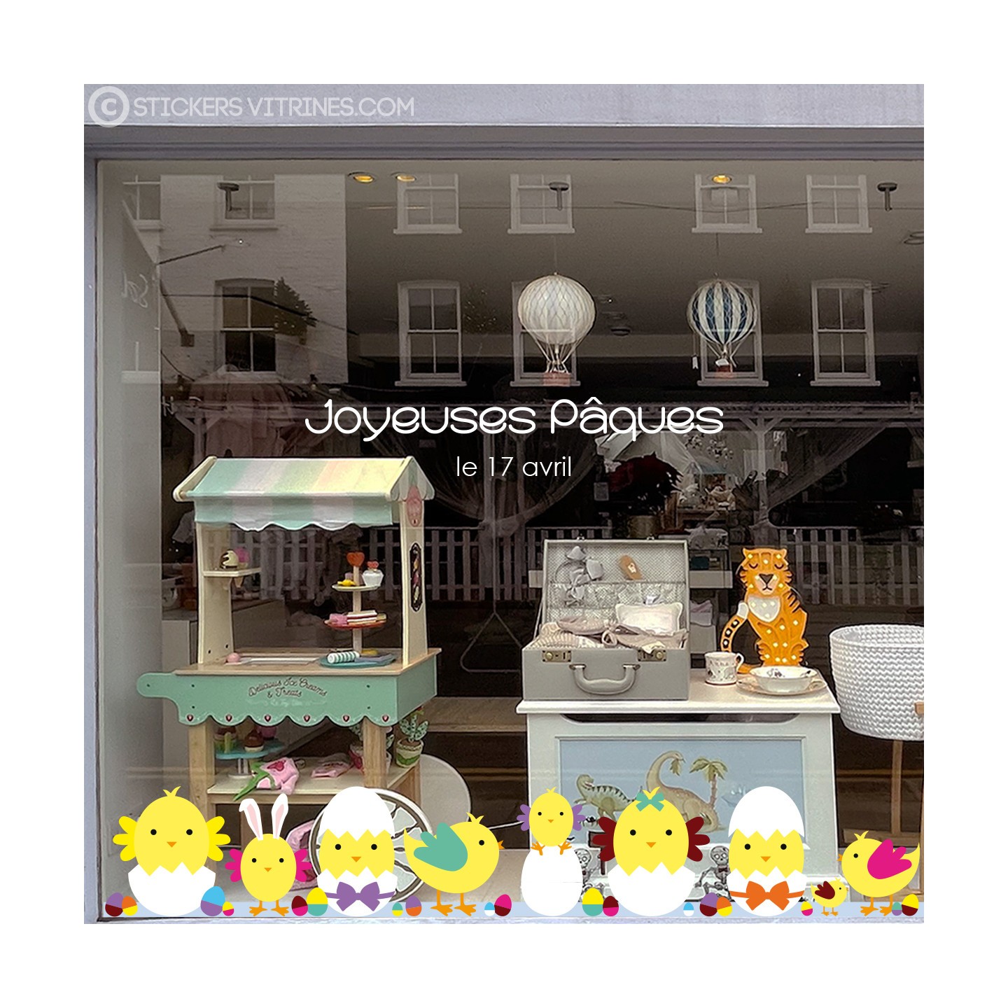 Kit de Stickers Frise Poussins de Paques boulangerie commerce autocollant geant idee decoration vitrophanie oeuf chocolatier