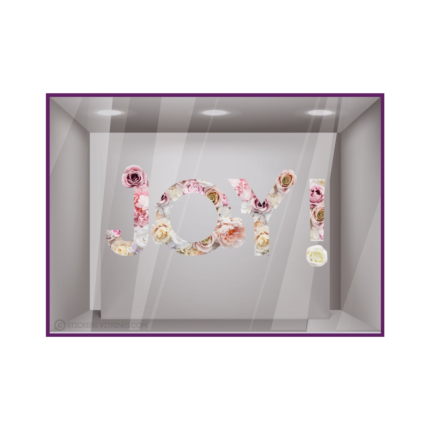 Stickers lettrage fleurs JOY ! printemps saison idee decoration magasin mode opticien vitrophanie lettre adhesive  