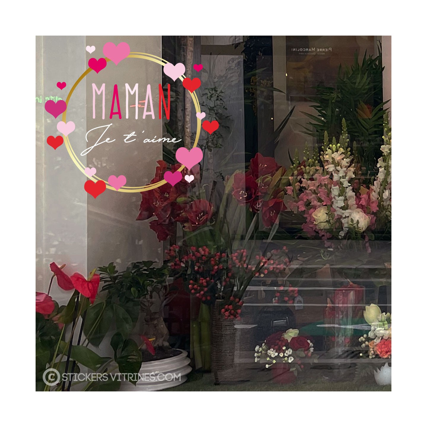 Sticker Couronne Ronde de Coeurs fete des meres boutique mode beaute vitrine adhesif maman fleuriste amour