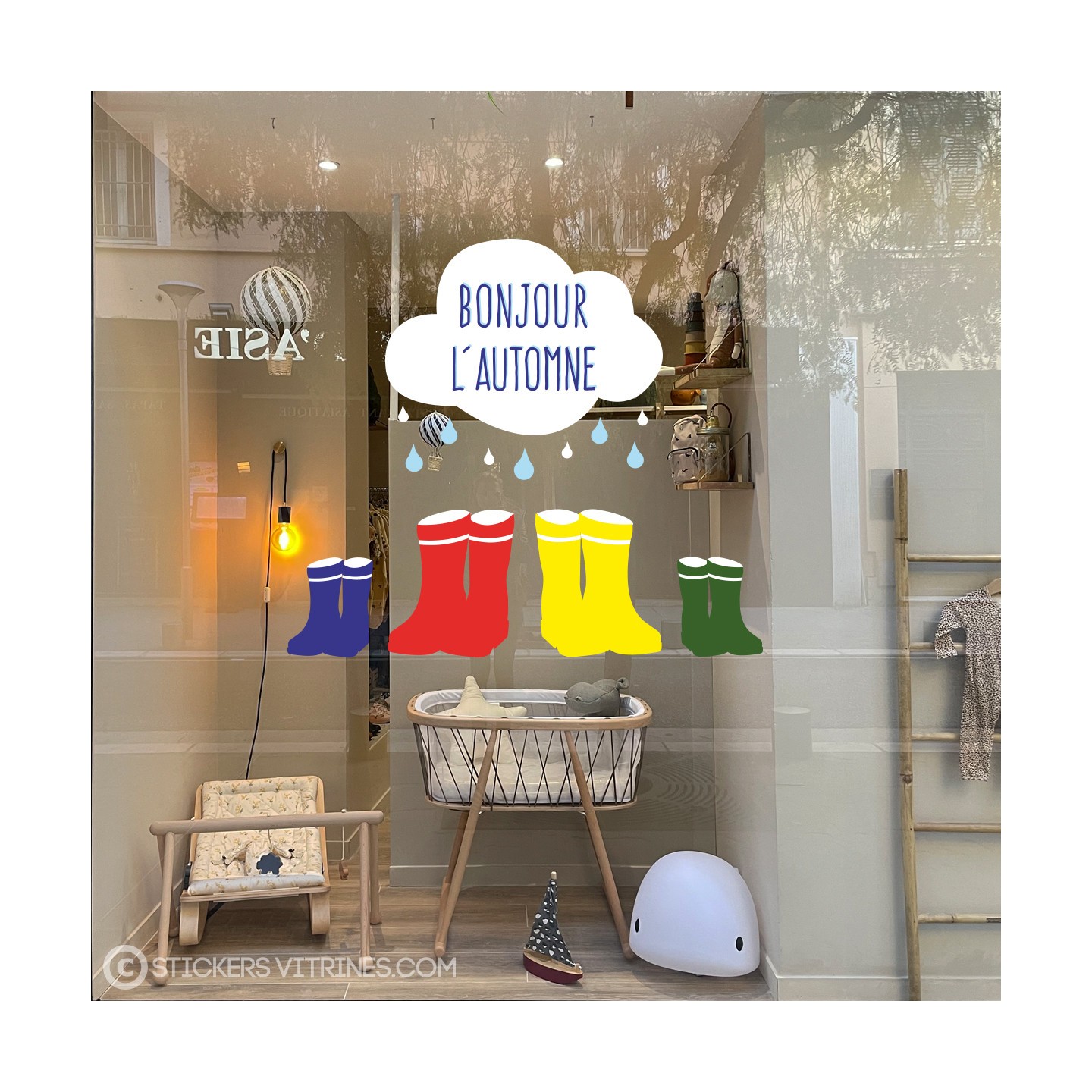 Botte Bonjour Automne Pluie Nuage Rentree des classes Vitrophanie Autocollant Geant Decoration Adhésif Boutique Magasin